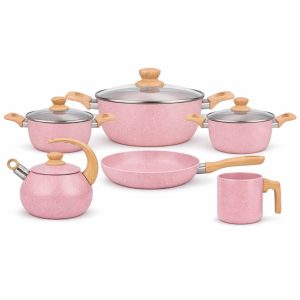 Juego de Olla de Roca Volcánica Antiadherente y Liviana por 10 Piezas Rosa