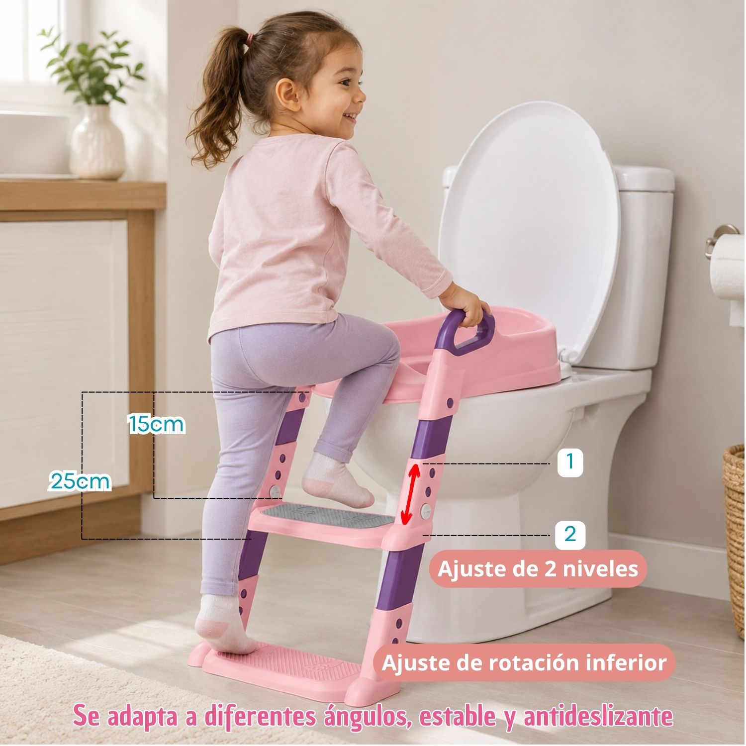 Adaptador de Baño y Escalera Portátil para Niños Rosa - Imagen 4