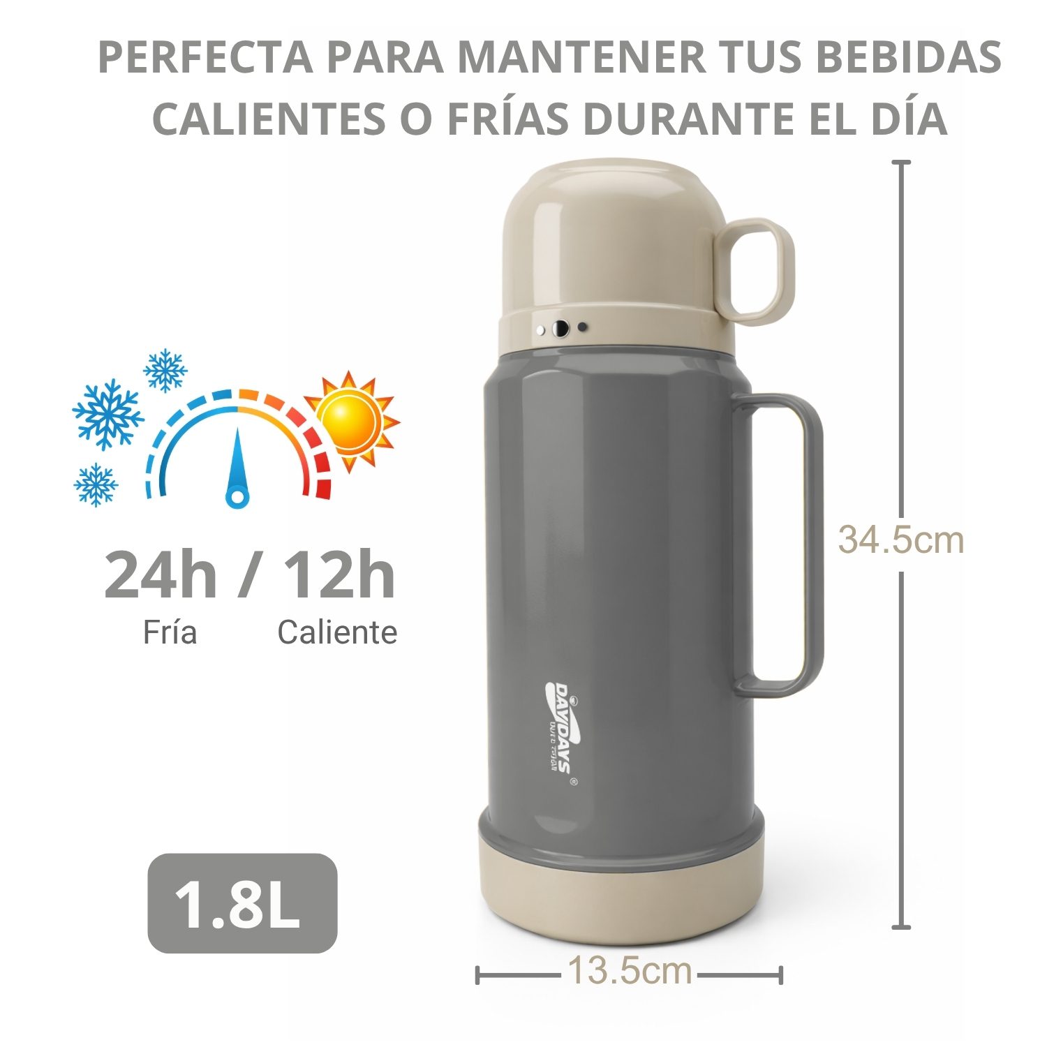 Termo 1.8 L Interior de Vidrio para Conservar Bebidas por Horas Gris - Imagen 2