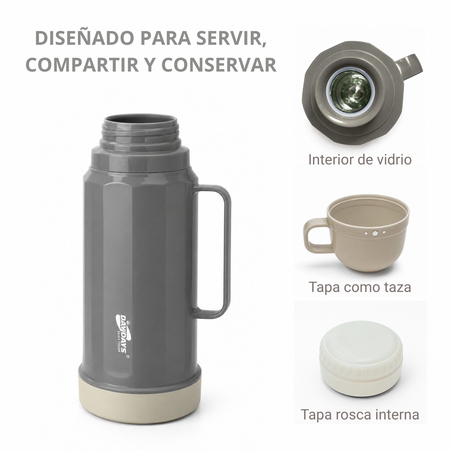 Termo 1.8 L Interior de Vidrio para Conservar Bebidas por Horas Gris - Imagen 3