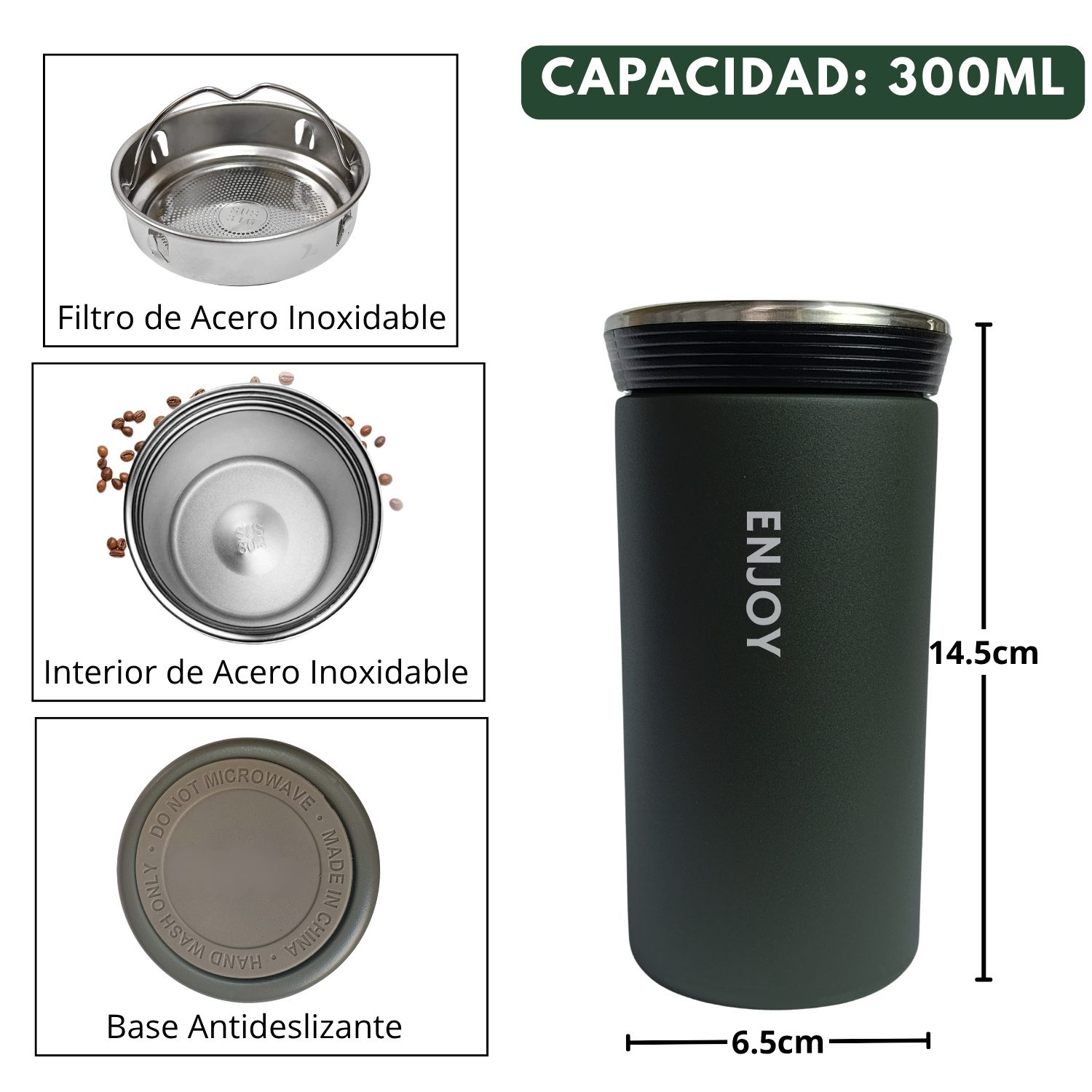 Vaso Térmico para Café Termo de Acero Inoxidable 300ML Verde - Imagen 5