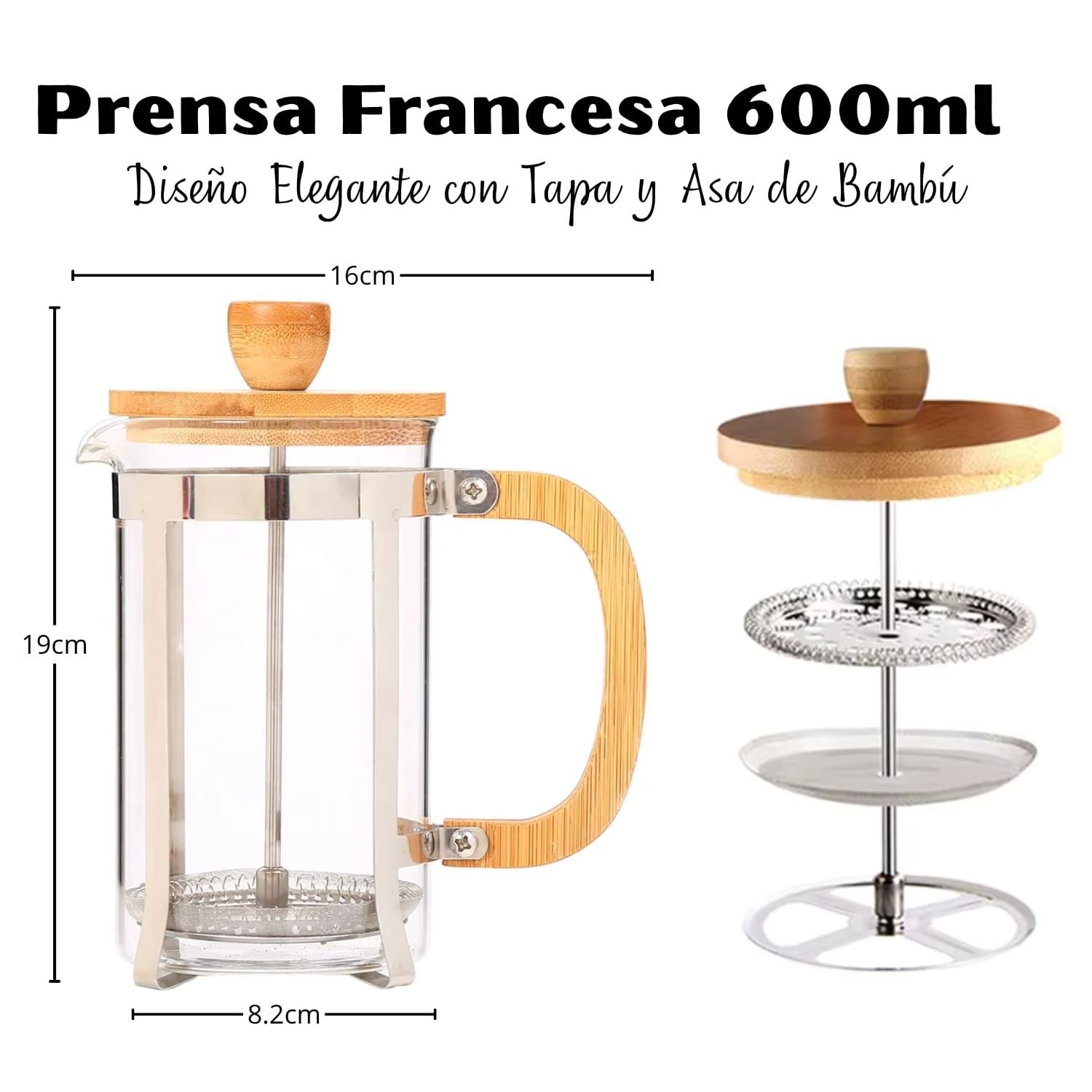 Cafetera Prensa Francesa 600ml con Tapa de Bambú Elegante - Imagen 3