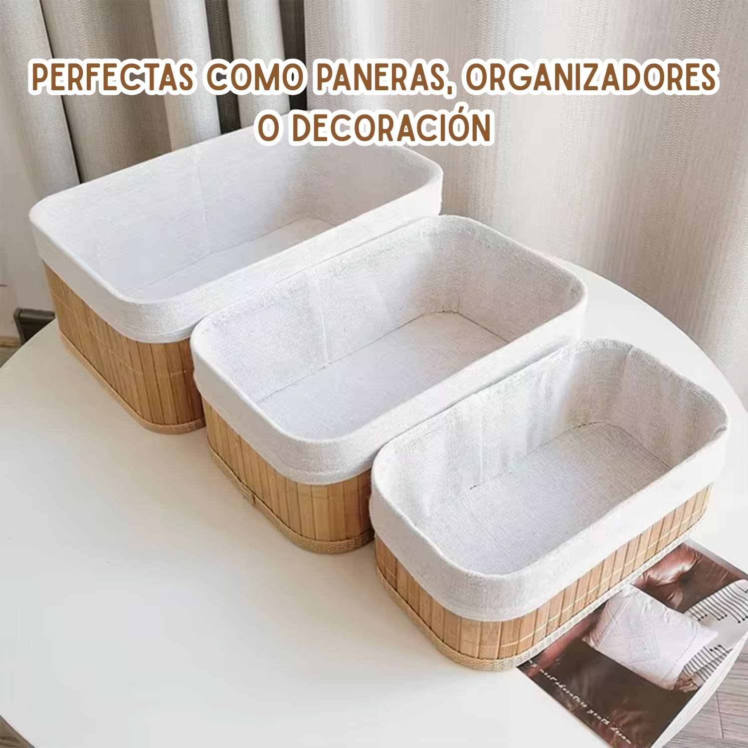 Canastilla Cesto Organizador de Bambú y Lino 3 Piezas - Imagen 2