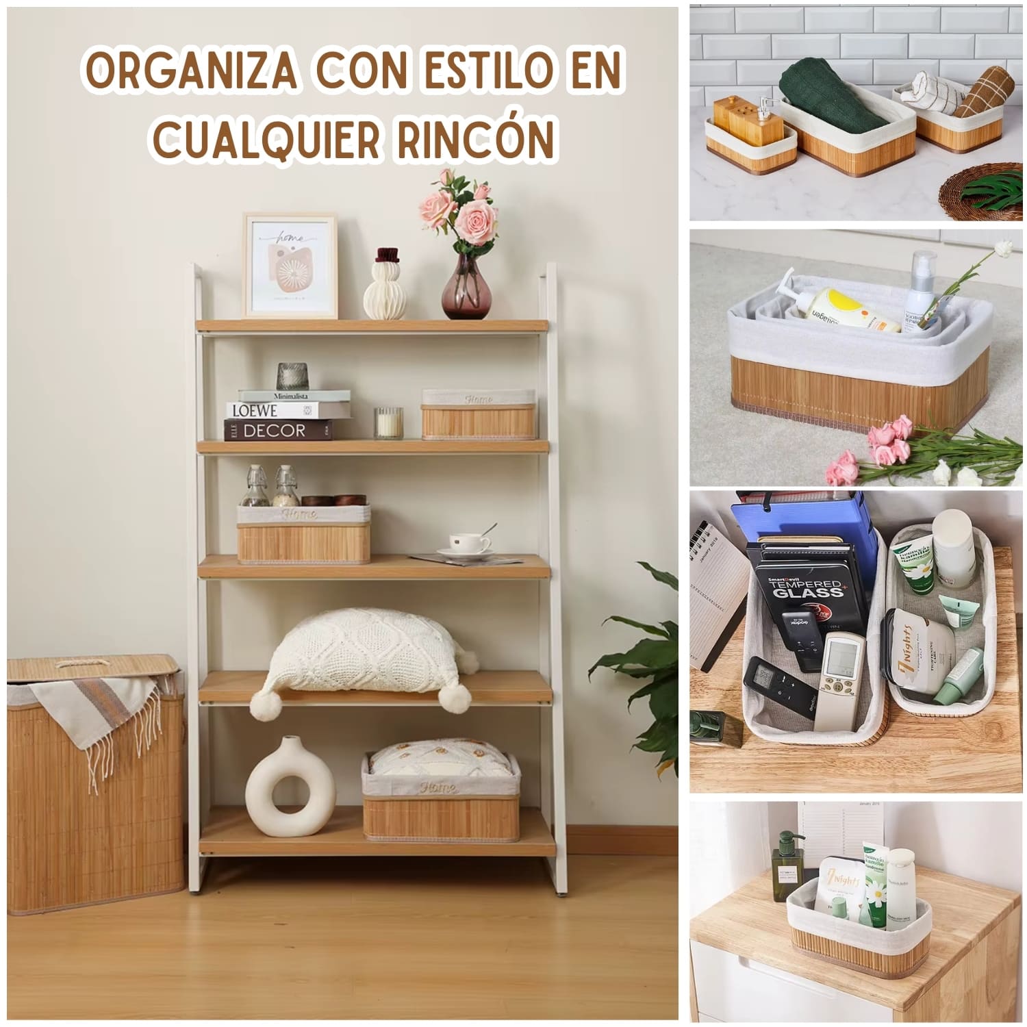 Canastilla Cesto Organizador de Bambú y Lino 3 Piezas - Imagen 7