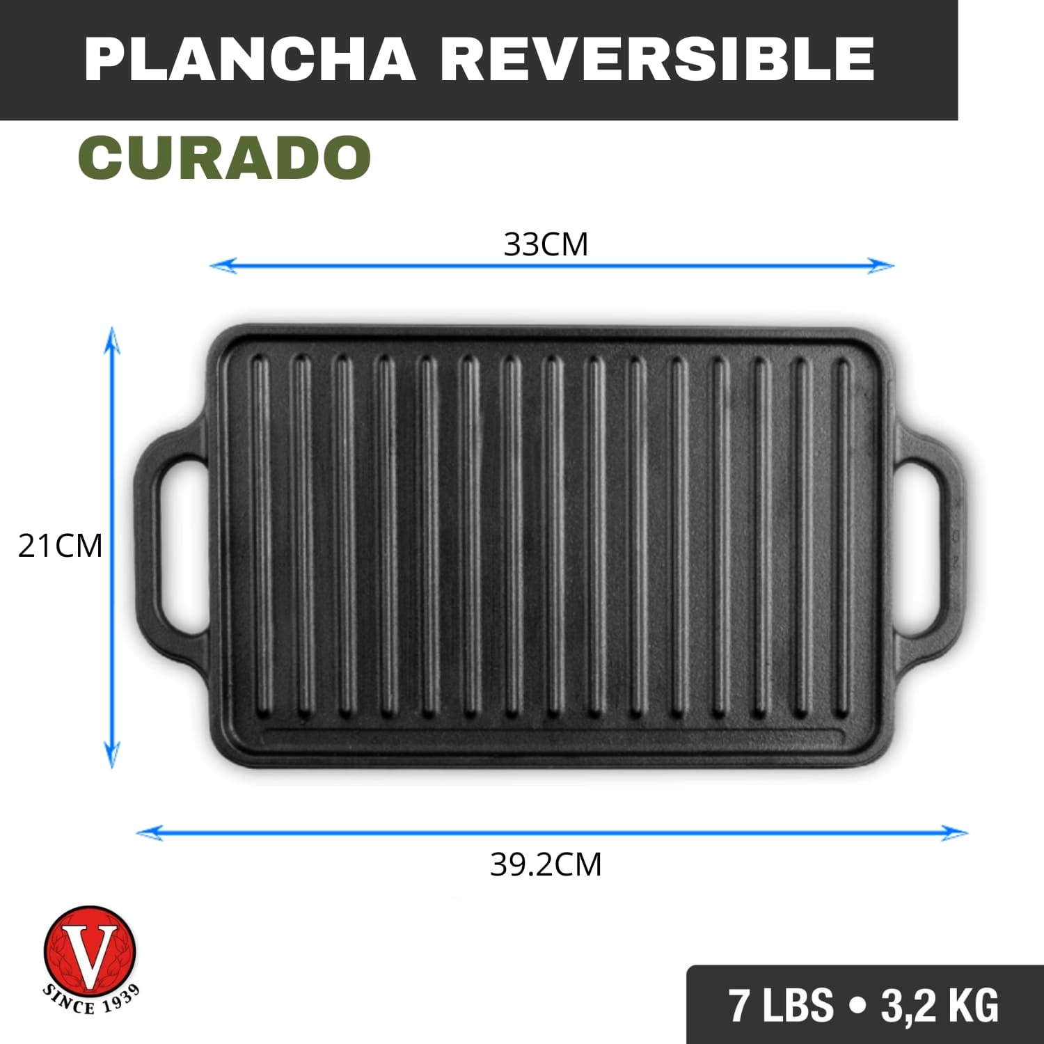 Plancha Asadora Curada Reversible Rectang.21X33 Cm Asa/Hierro - Victoria - Imagen 4