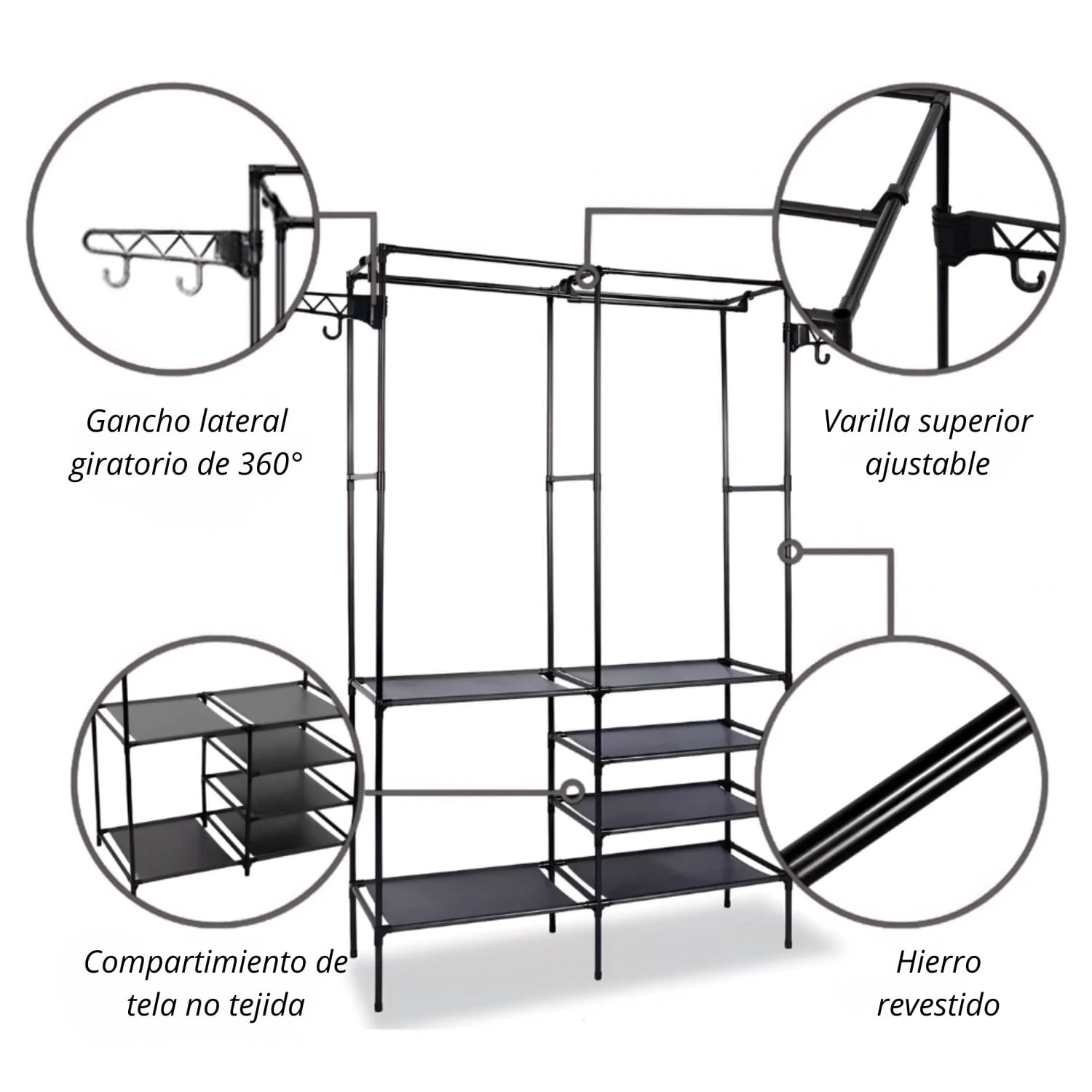 Ropero Armario Closet Perchero Organizador Ropa 2 Cuerpos Negro - Imagen 3