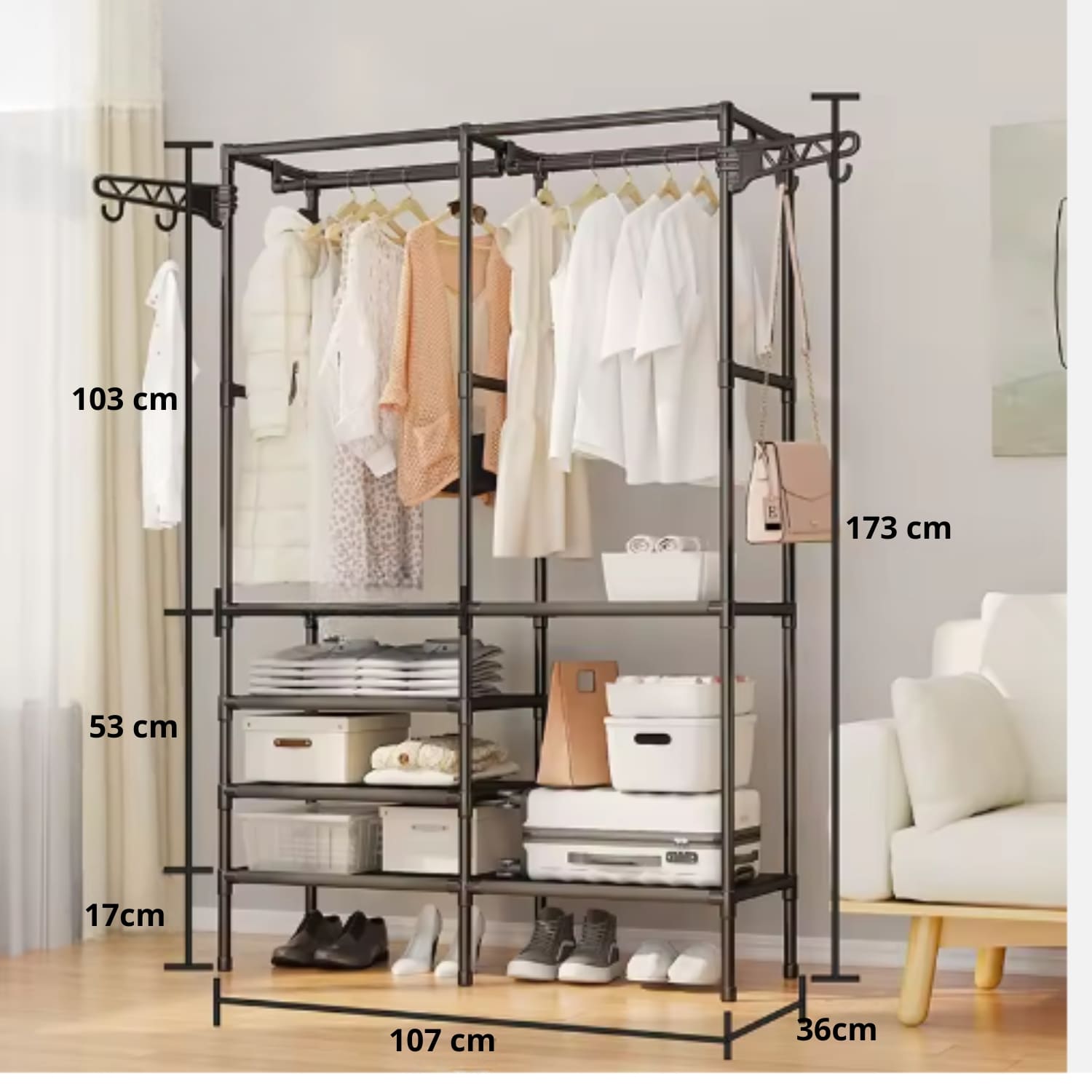 Ropero Armario Closet Perchero Organizador Ropa 2 Cuerpos Negro - Imagen 4