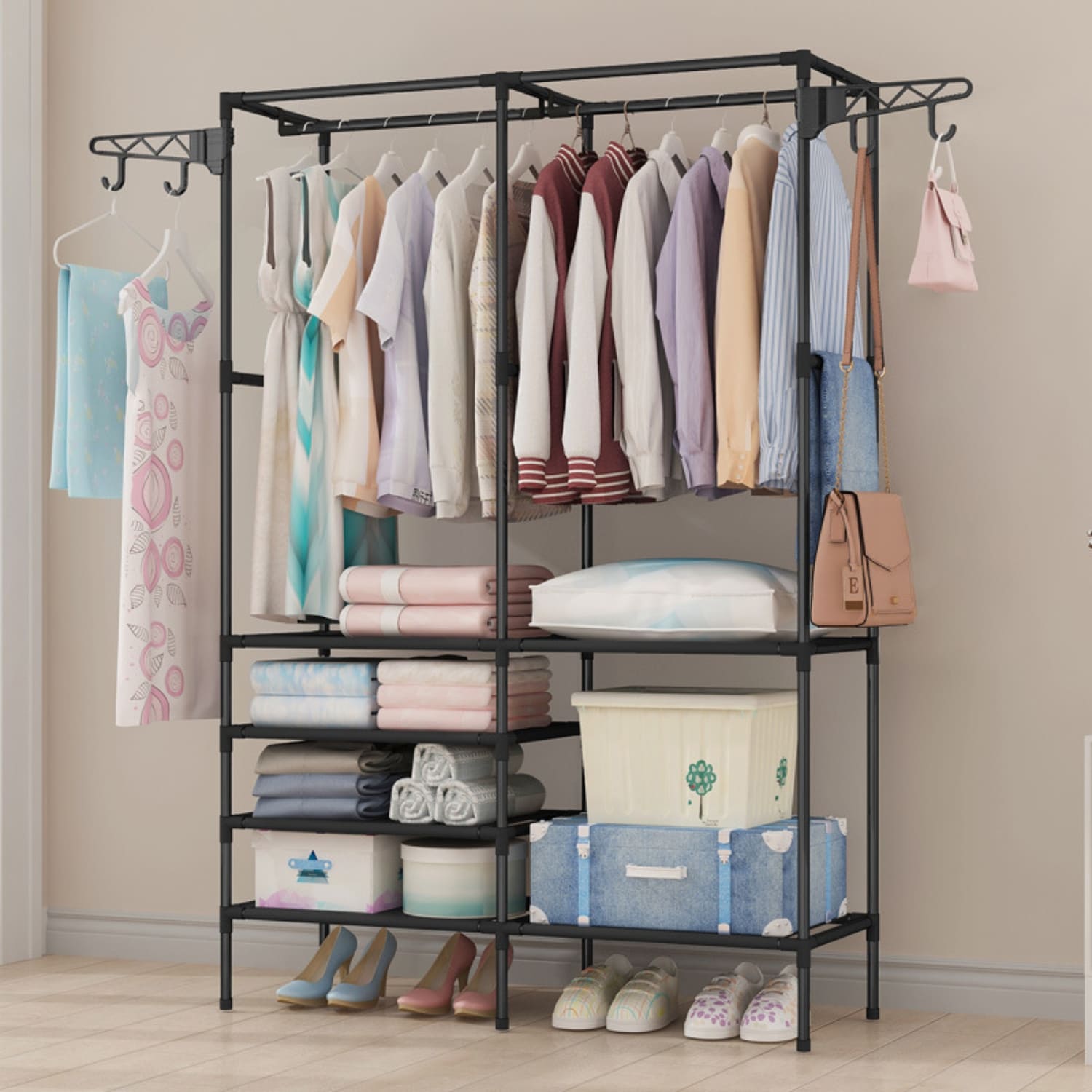 Ropero Armario Closet Perchero Organizador Ropa 2 Cuerpos Negro - Imagen 5