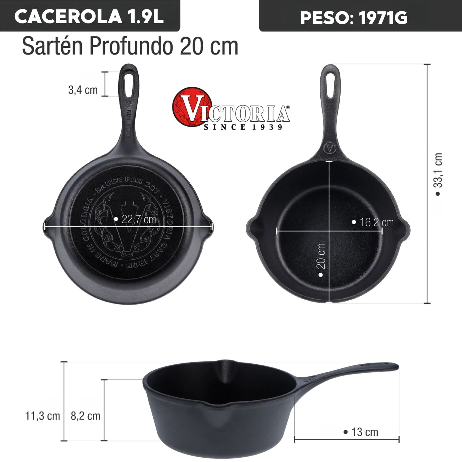 Sarten H.Fundido Profundo 20 Cm (8") Precurada - Victoria - Imagen 2