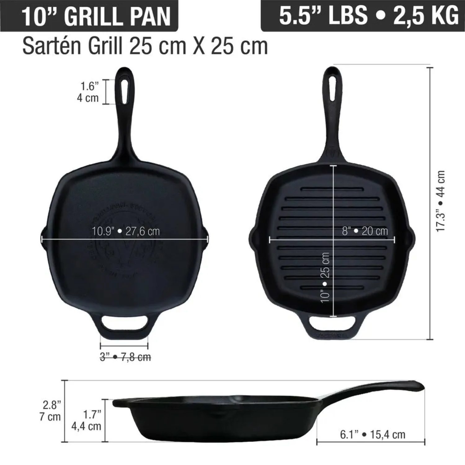 Sartén Hierro Fundido Grill 25 cm Rectang. (10x10") Esmaltada - Imagen 3