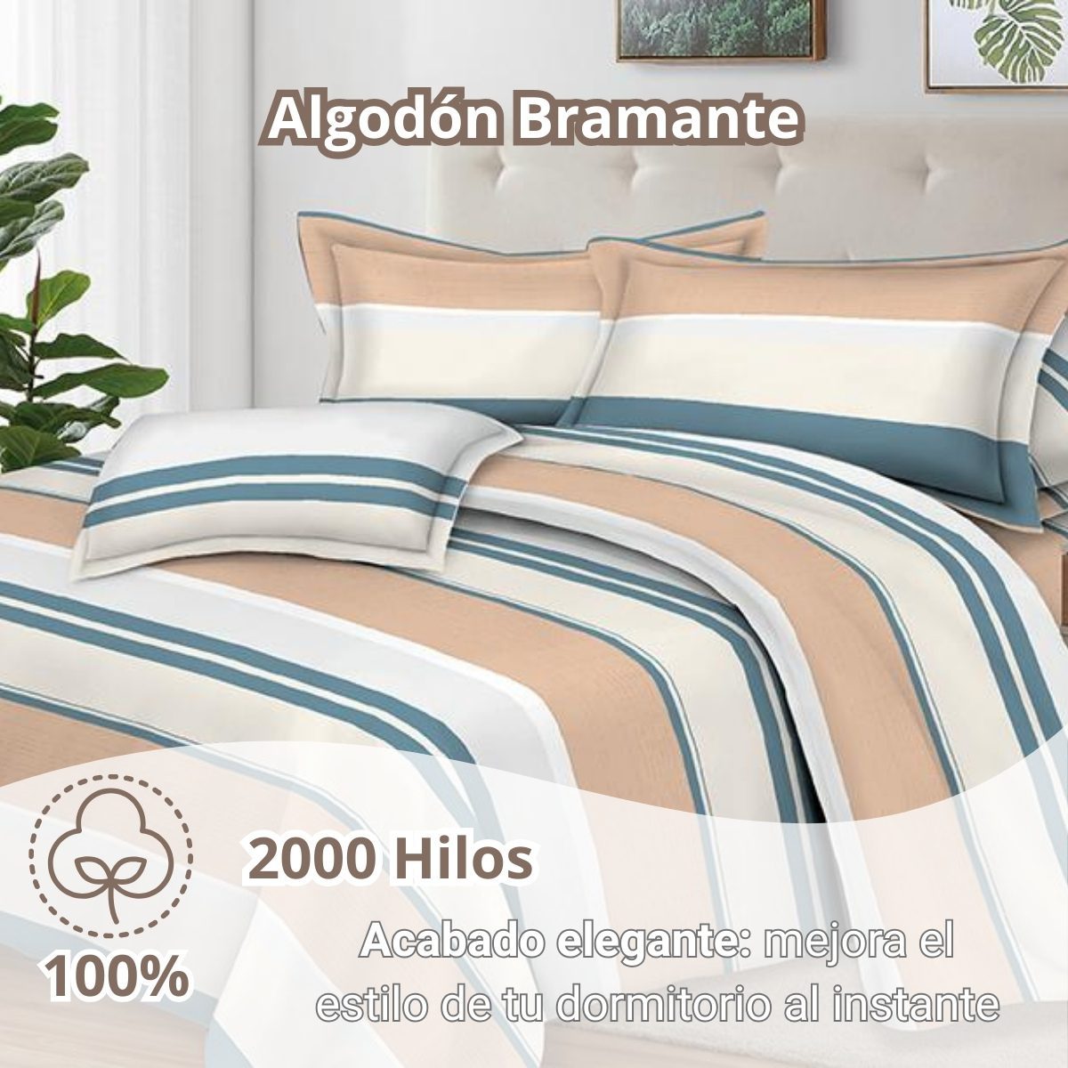 Juego de Sábanas 100% Suave Algodón 2Plazas 4 Piezas 2000 Hilos Rayas Melón Aqua - Imagen 2