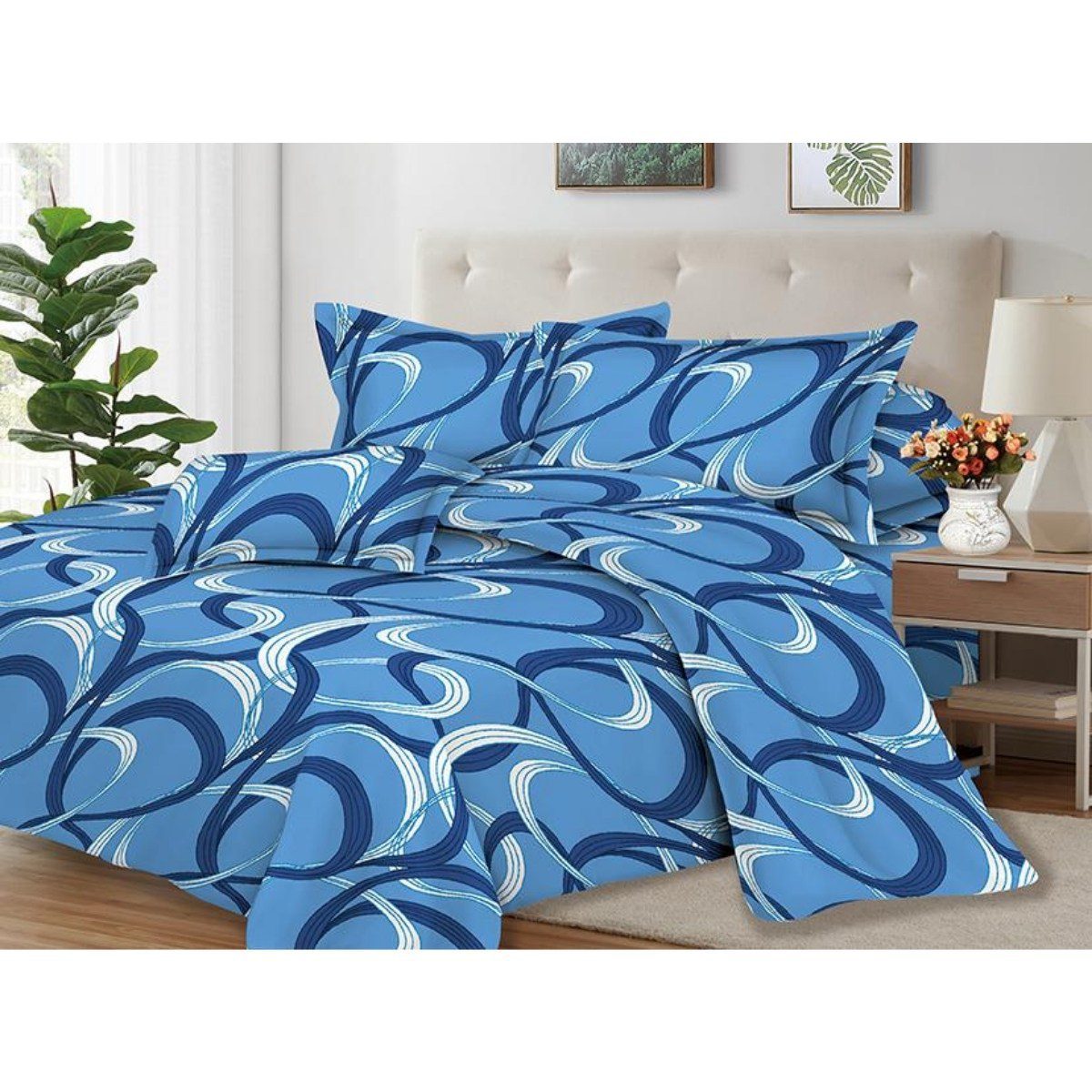 Juego de Sábanas 100% Suave Algodón 2Plazas 4 Piezas 2000 Hilos Rayas Oceano Azul