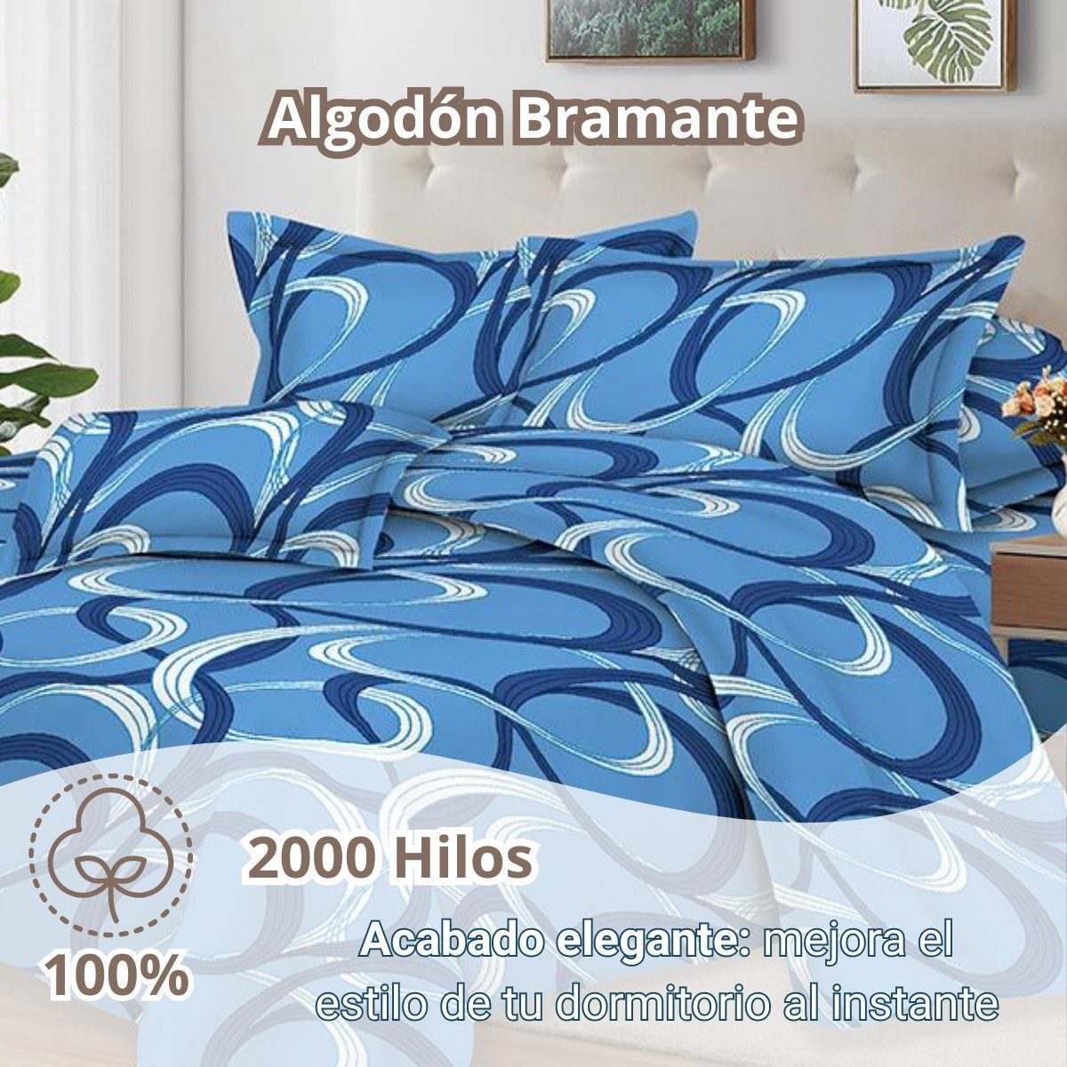 Juego de Sábanas 100% Suave Algodón 2Plazas 4 Piezas 2000 Hilos Rayas Oceano Azul - Imagen 2