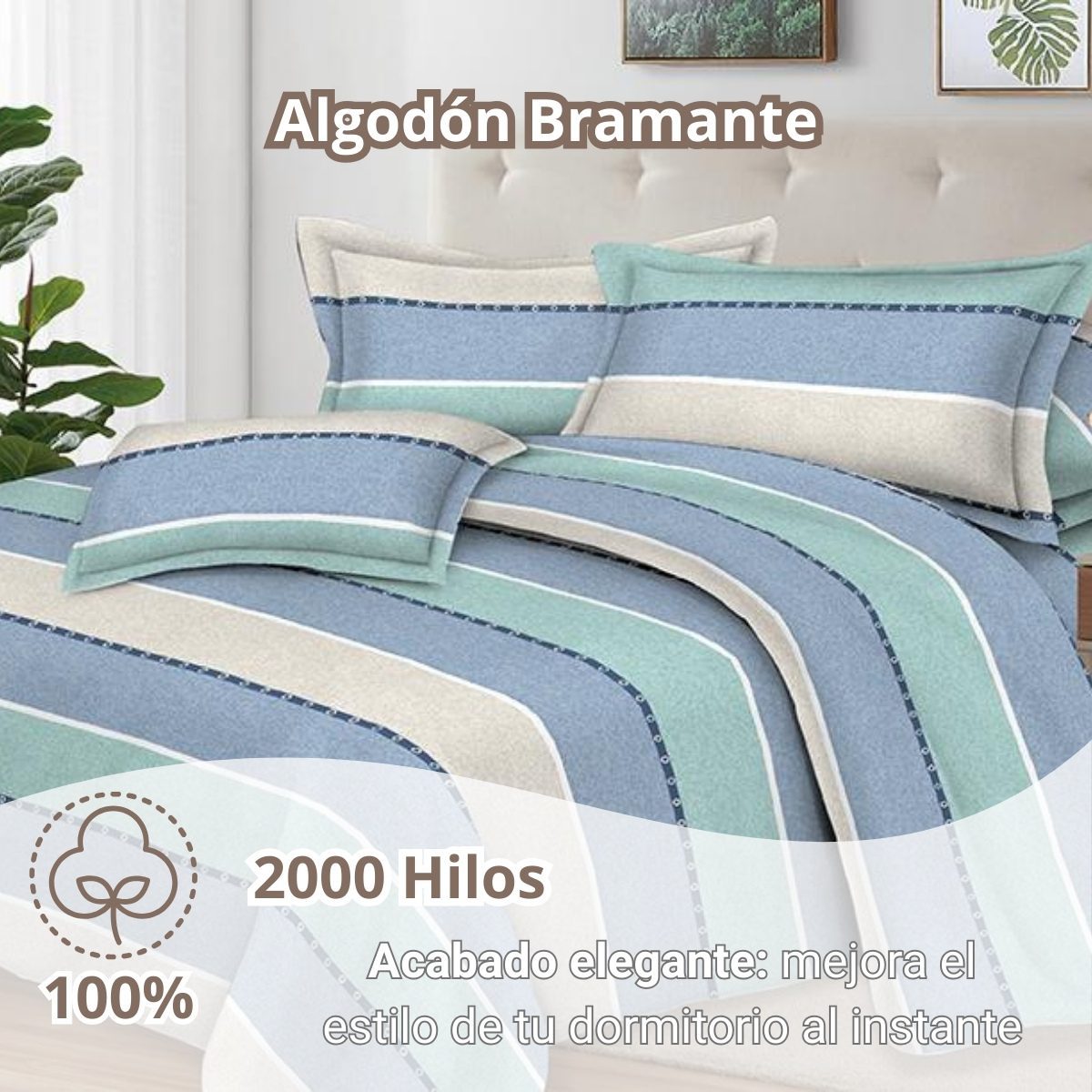 Juego de Sábanas 100% Suave Algodón 2Plazas 4 Piezas 2000 Hilos Rayas Riviera - Imagen 2