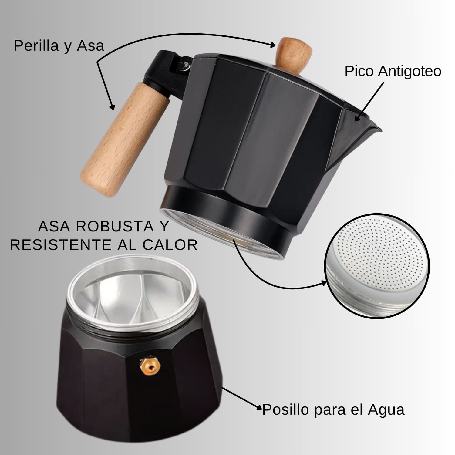 Cafetera Moka Italiana 6 Tazas - 300ml Negro Elegante - Imagen 5