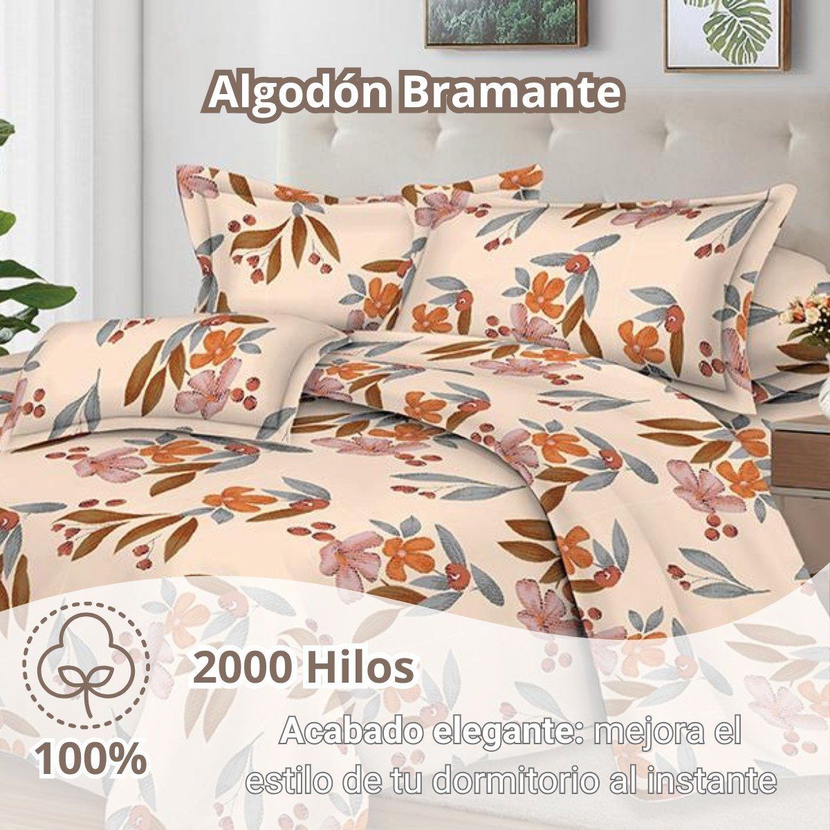 Juego de Sábanas 100% Suave Algodón 2Plazas 4 Piezas 2000 Hilos Floral Terracota - Imagen 2