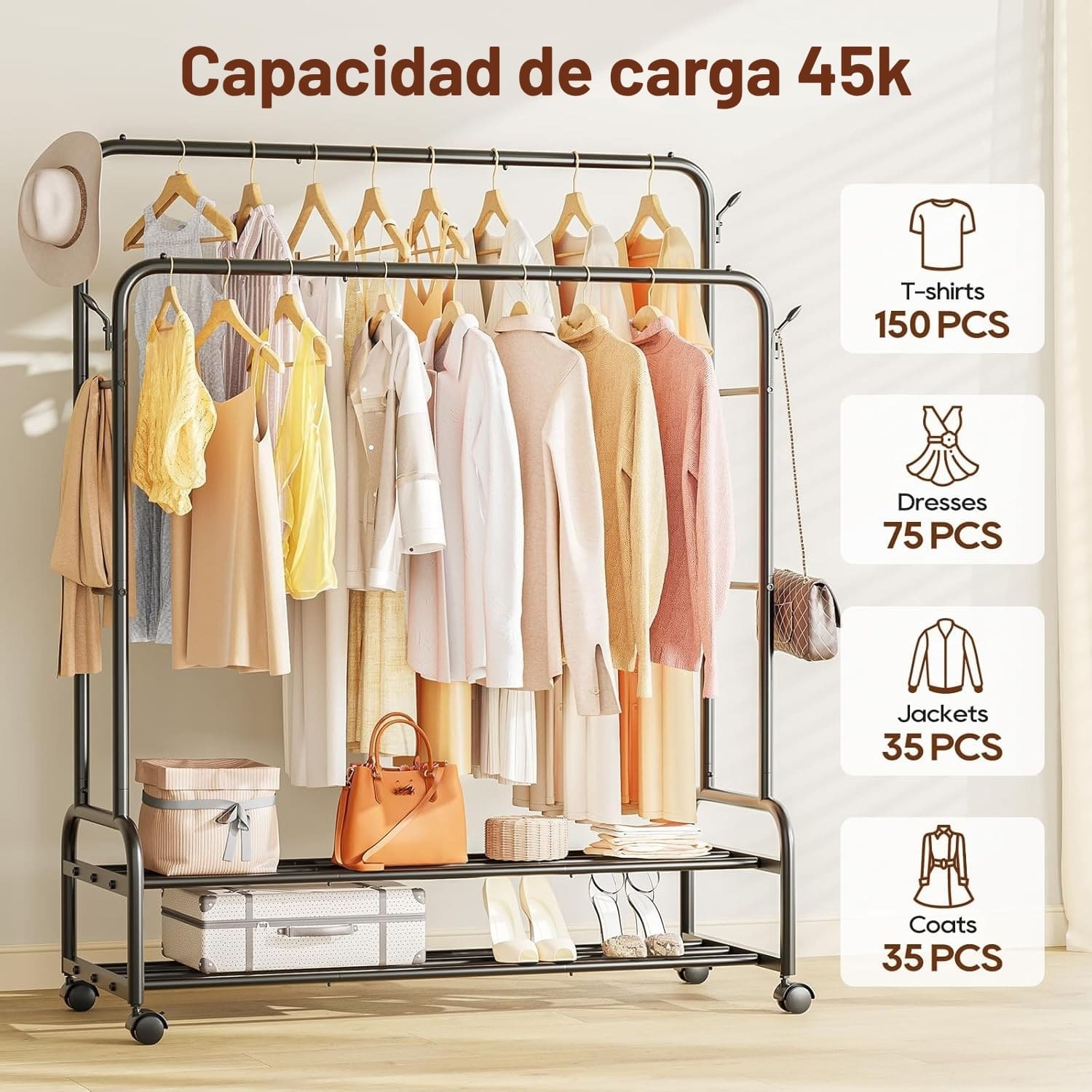 Organizador Colgador Doble de Ropa Perchero con Ruedas Negro - Imagen 3