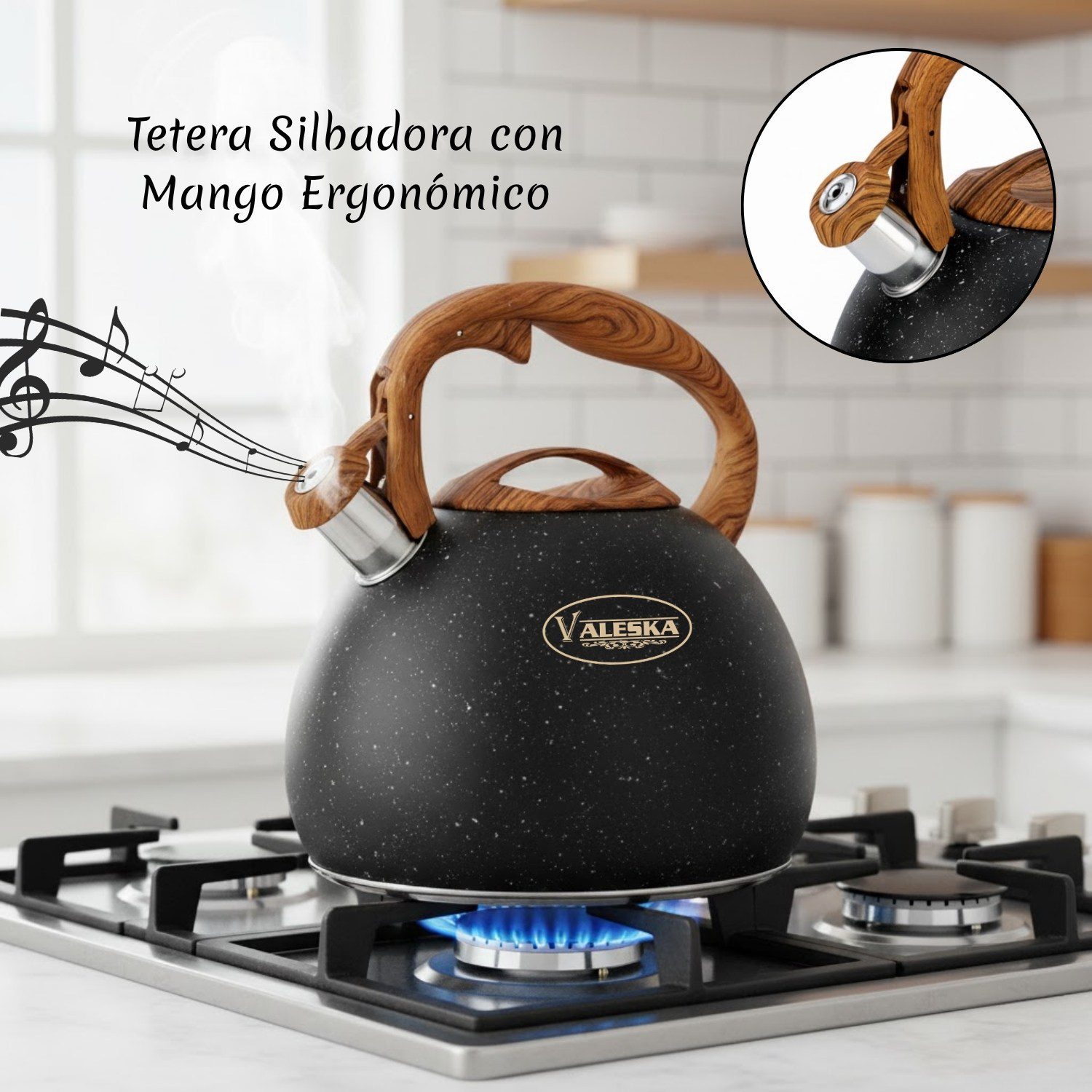 Tetera Valeska Silbadora Tipo Roca Volcánica 5 Litros Negro - Imagen 2