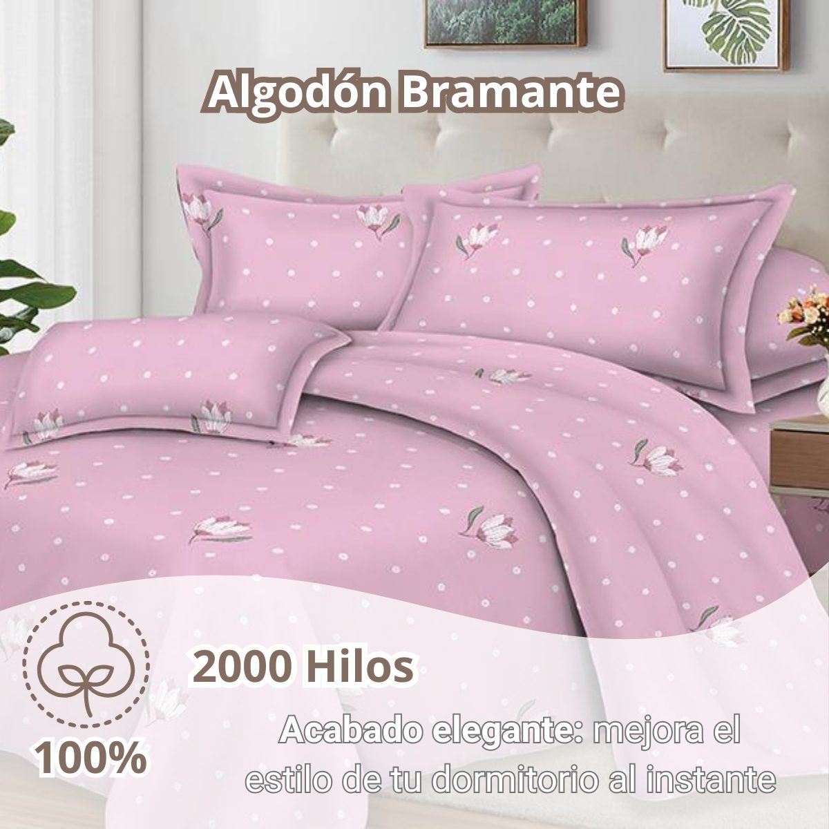 Juego de Sábanas 100% Suave Algodón 2Plazas 4 Piezas 2000 Hilos Rosa Floral - Imagen 2