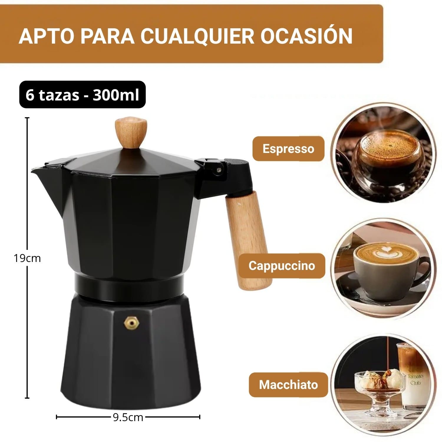 Cafetera Moka Italiana 6 Tazas - 300ml Negro Elegante - Imagen 2