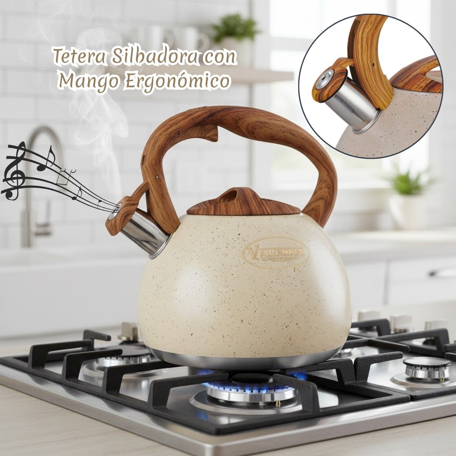 Tetera Valeska Silbadora Tipo Roca Volcánica 5 Litros Crema - Imagen 2