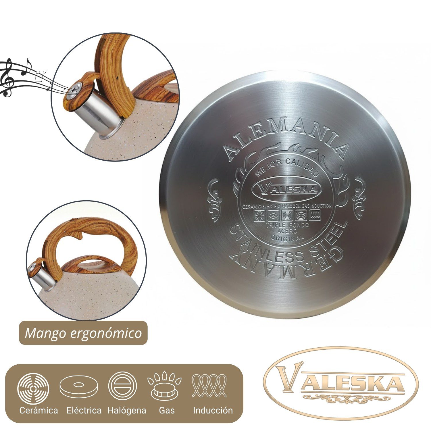 Tetera Valeska Silbadora Tipo Roca Volcánica 5 Litros Crema - Imagen 4
