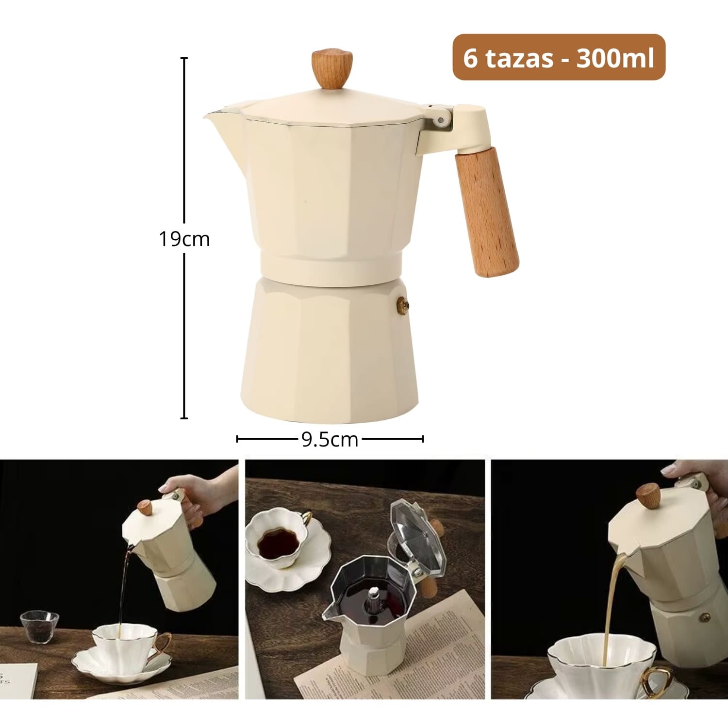 Cafetera Moka Italiana 6 Tazas - 300ml Crema Elegante - Imagen 2