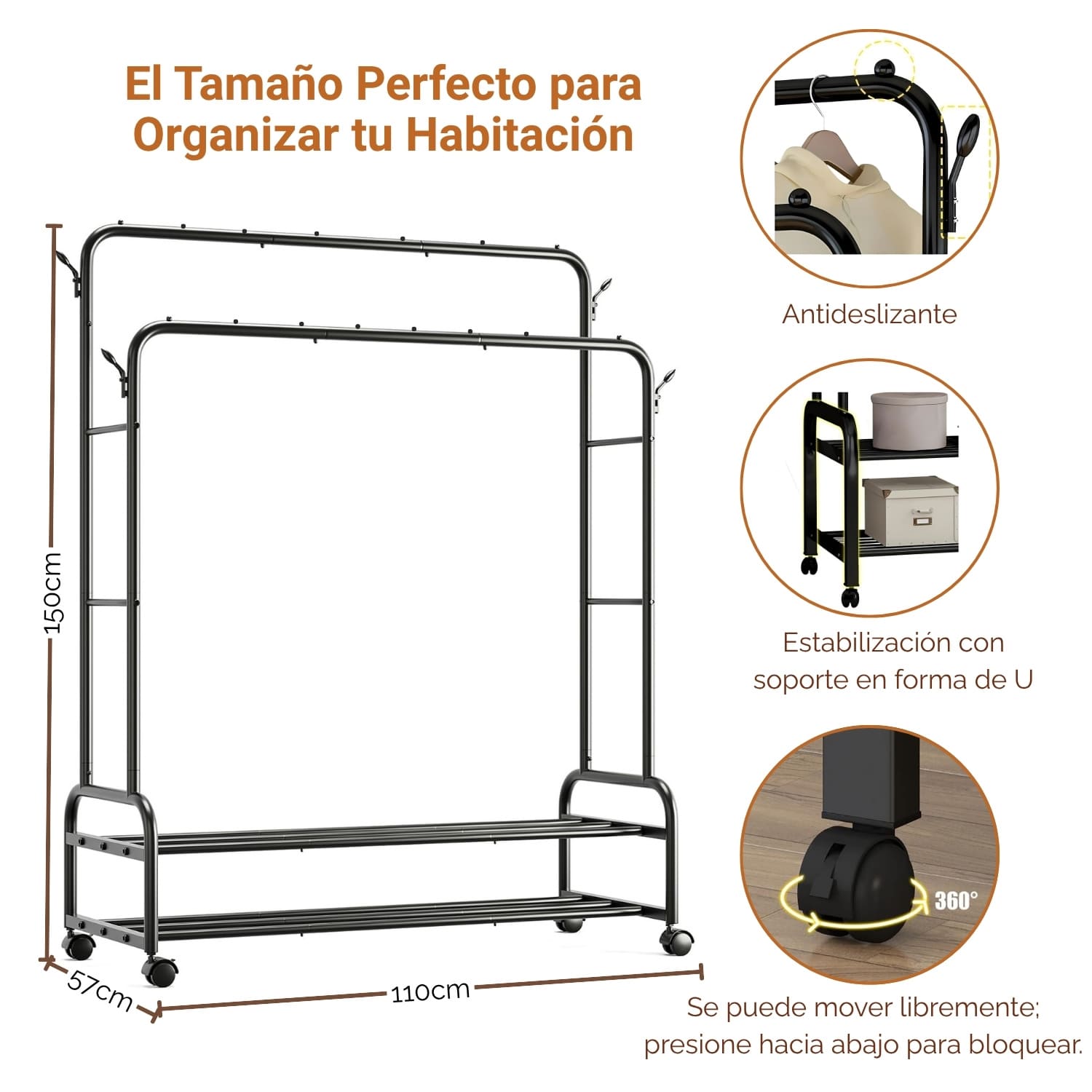 Organizador Colgador Doble de Ropa Perchero con Ruedas Negro - Imagen 4