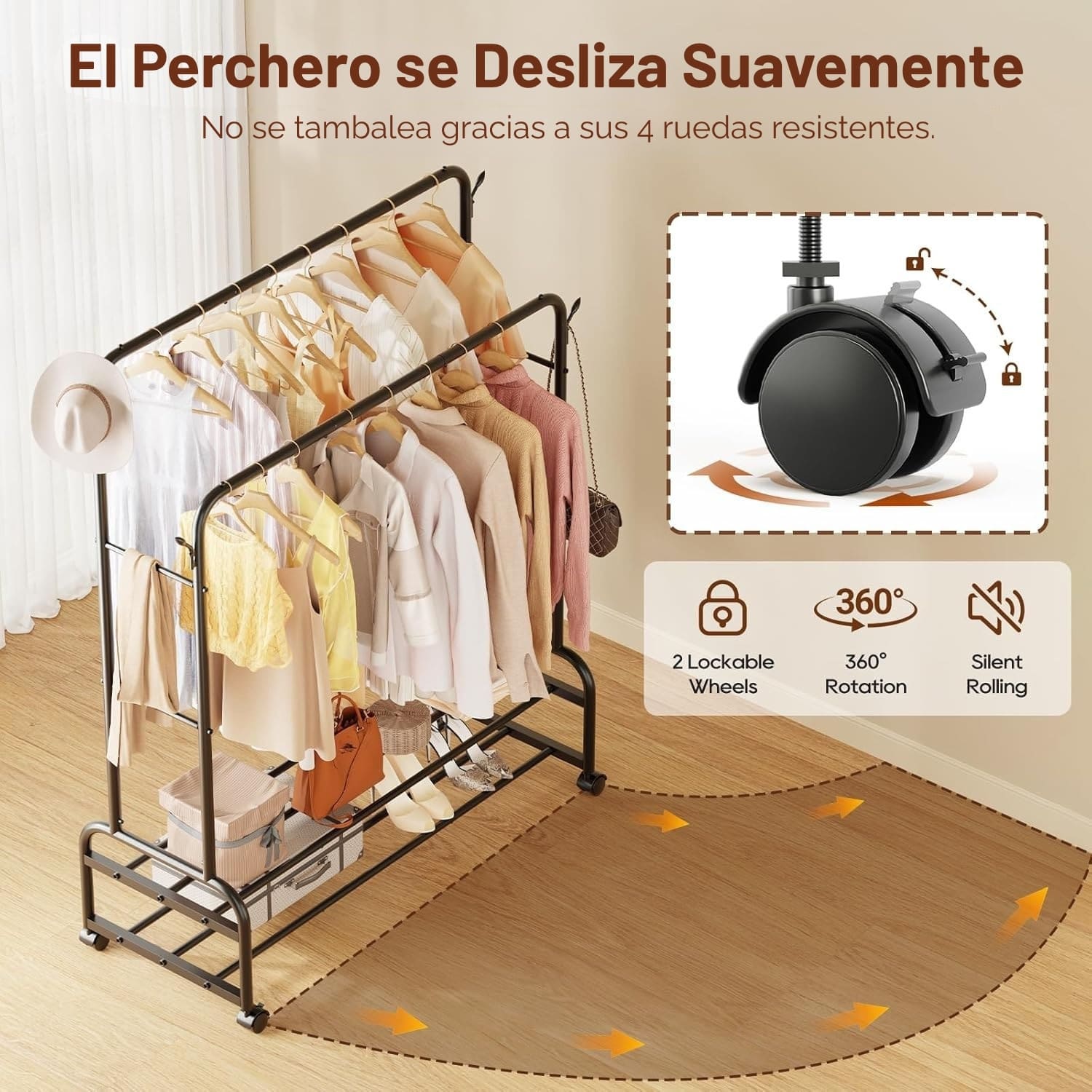 Organizador Colgador Doble de Ropa Perchero con Ruedas Negro - Imagen 5