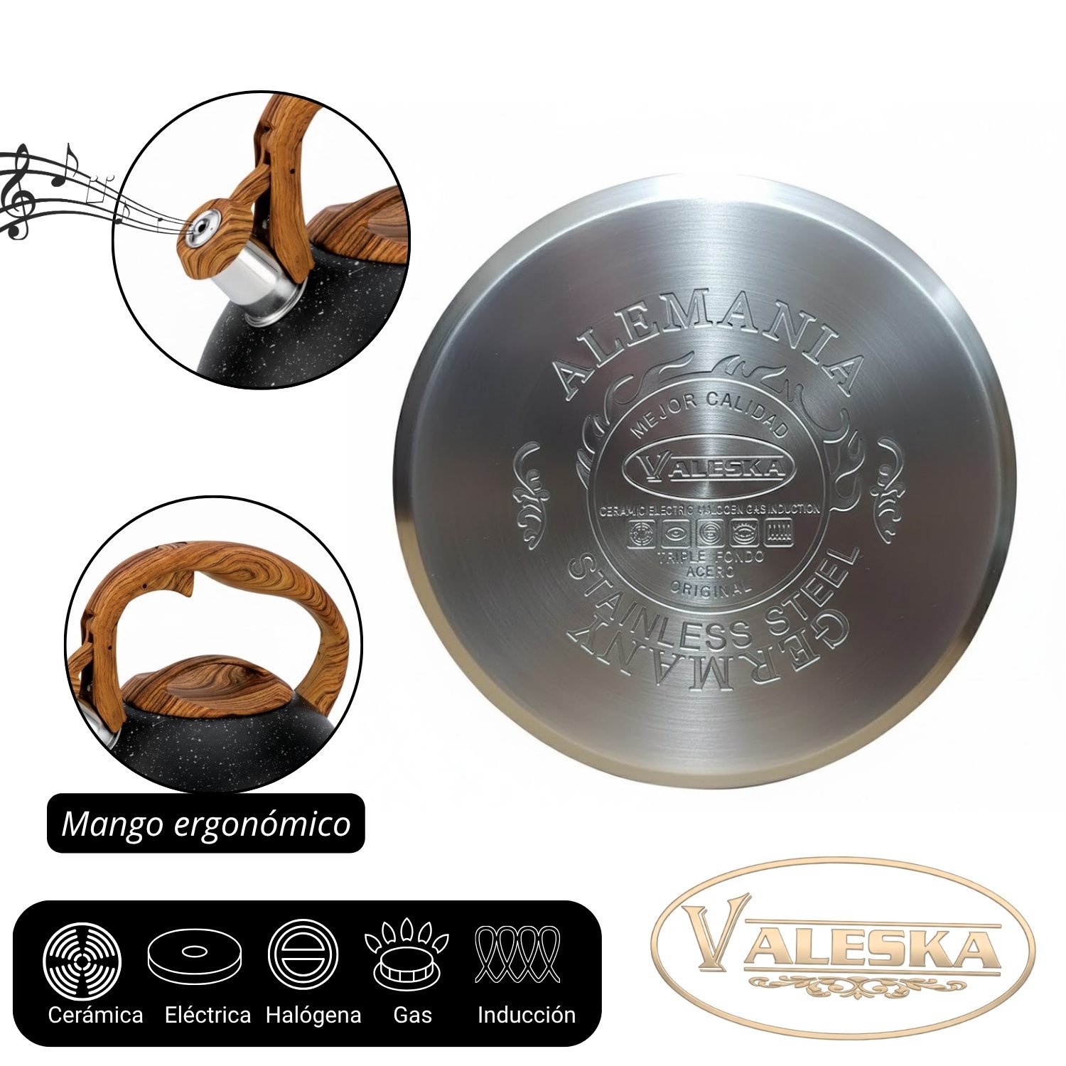 Tetera Valeska Silbadora Tipo Roca Volcánica 5 Litros Negro - Imagen 5