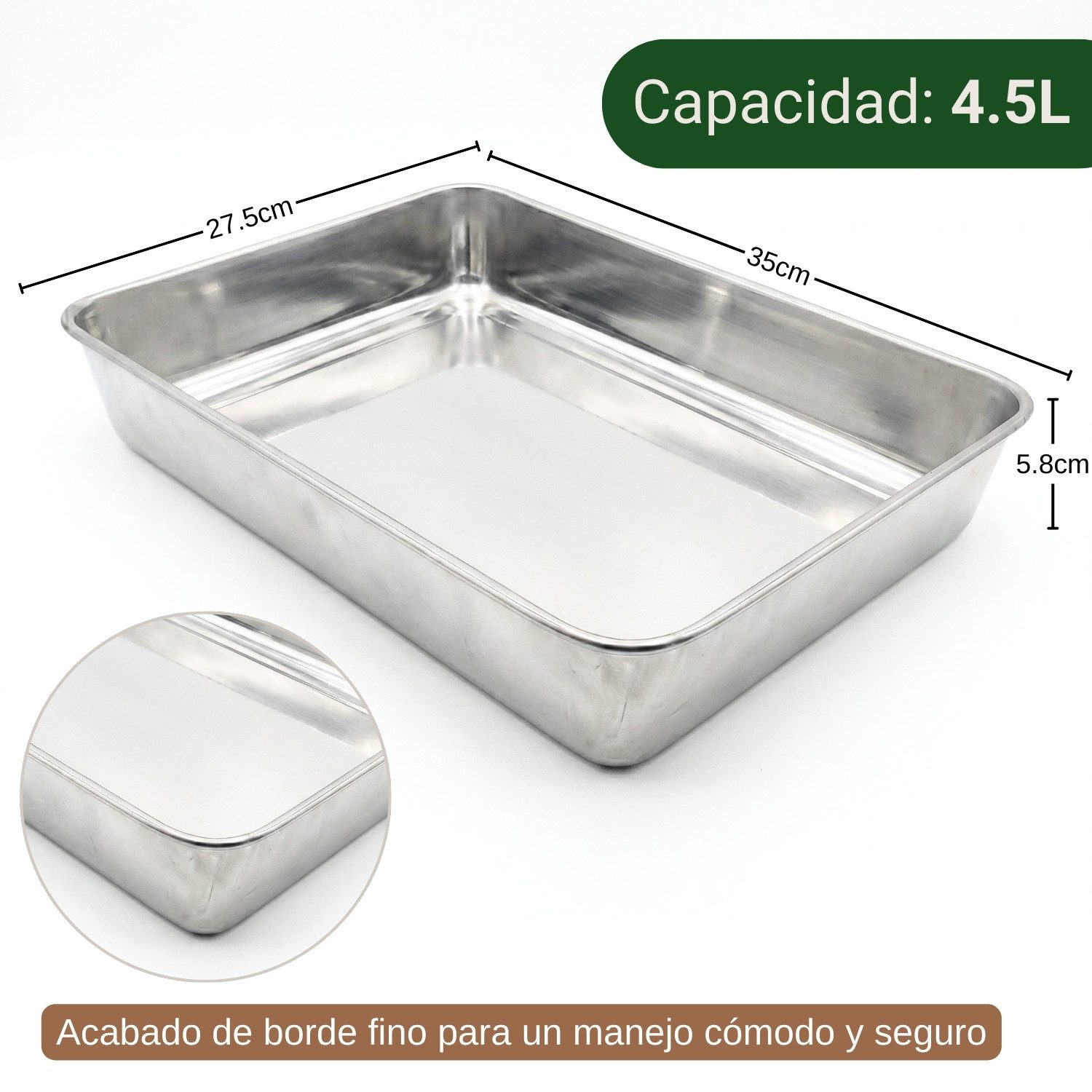 Bandeja de Acero Inoxidable para Horno (4.5L) 35 x 27.5 x 5.8 cm - Imagen 2