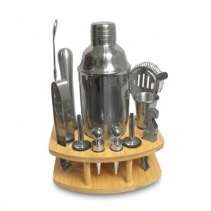 Set Coctelero Acero Inoxidable 12 pzs con Soporte de Bambú C13
