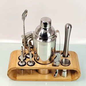 Set Coctelero Acero Inoxidable 12 pzs con Soporte de Bambú C12