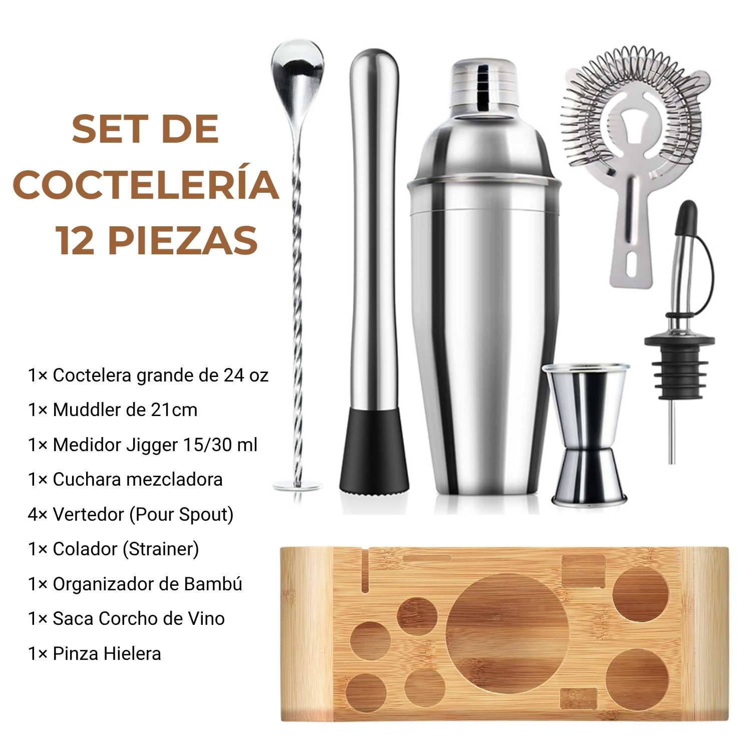 Set Coctelero Acero Inoxidable 12 pzs con Soporte de Bambú C12 - Imagen 3