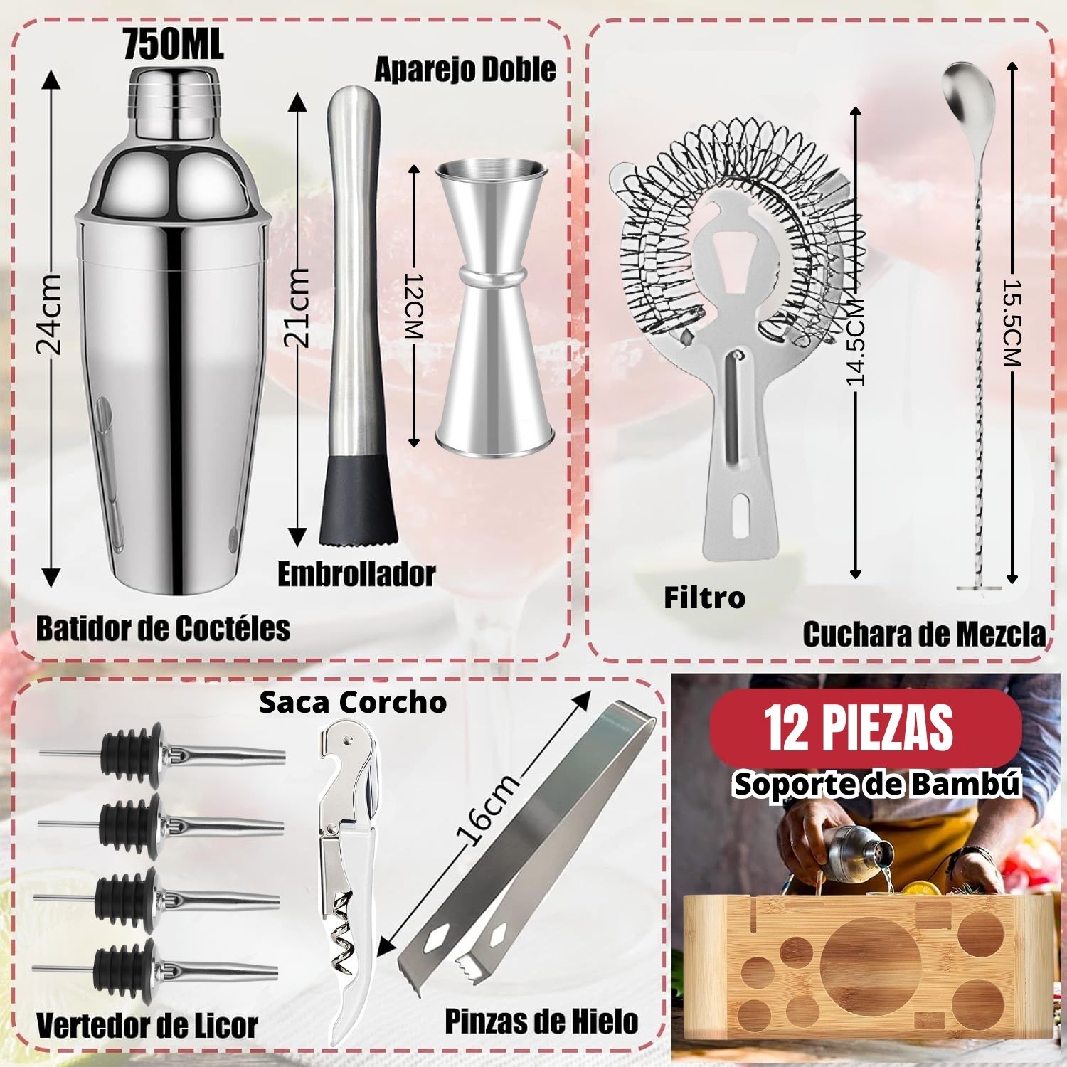 Set Coctelero Acero Inoxidable 12 pzs con Soporte de Bambú C12 - Imagen 4