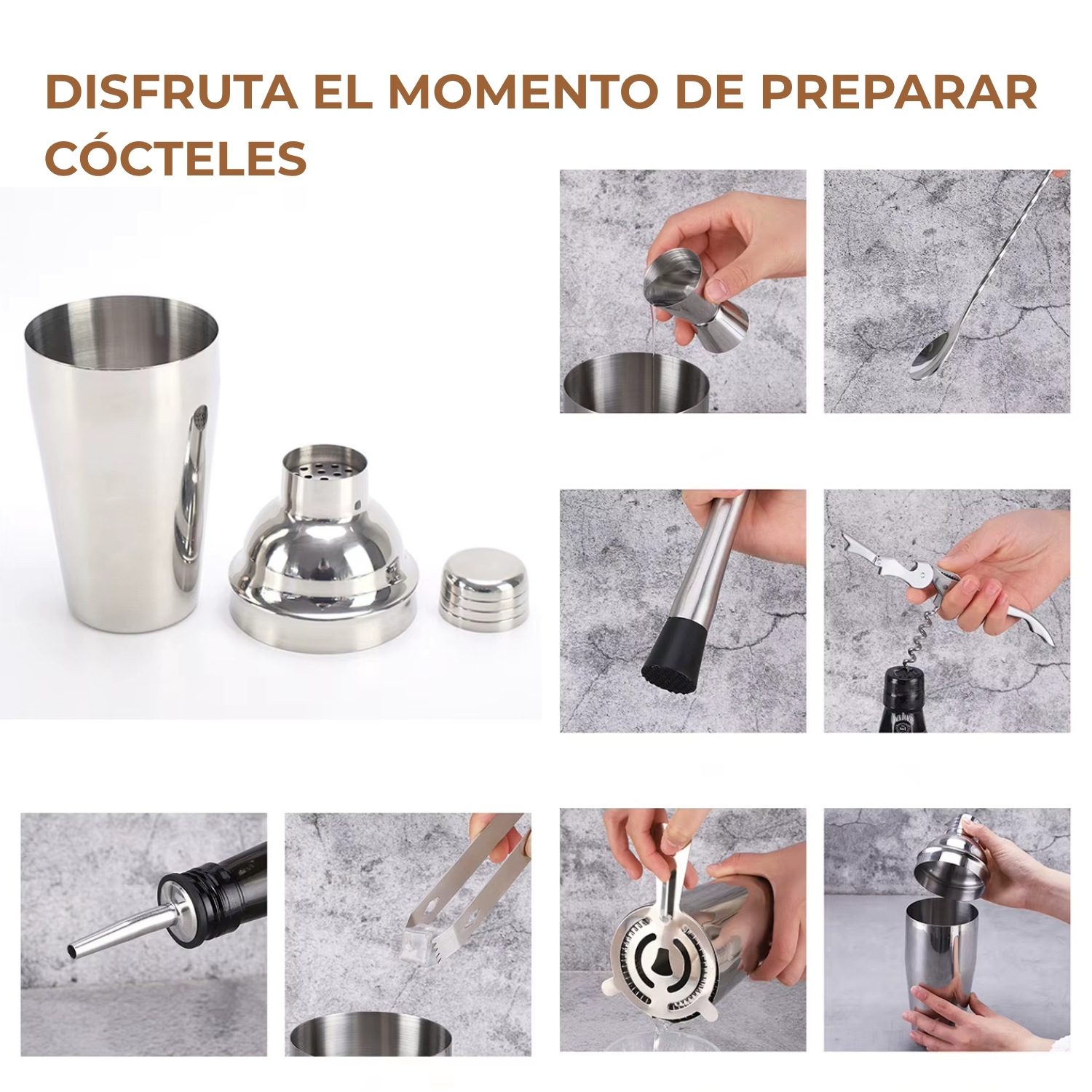 Set Coctelero Acero Inoxidable 12 pzs con Soporte de Bambú C12 - Imagen 5