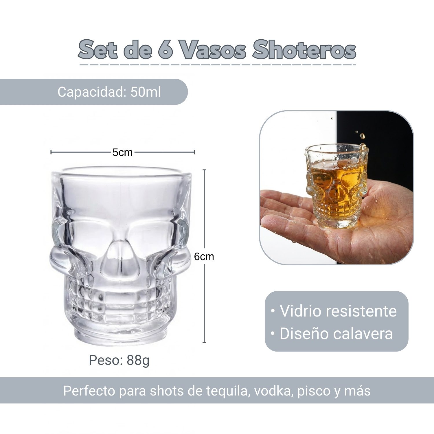 Vaso Shot Tequilero 50ml Calavera Set X6 - Imagen 2