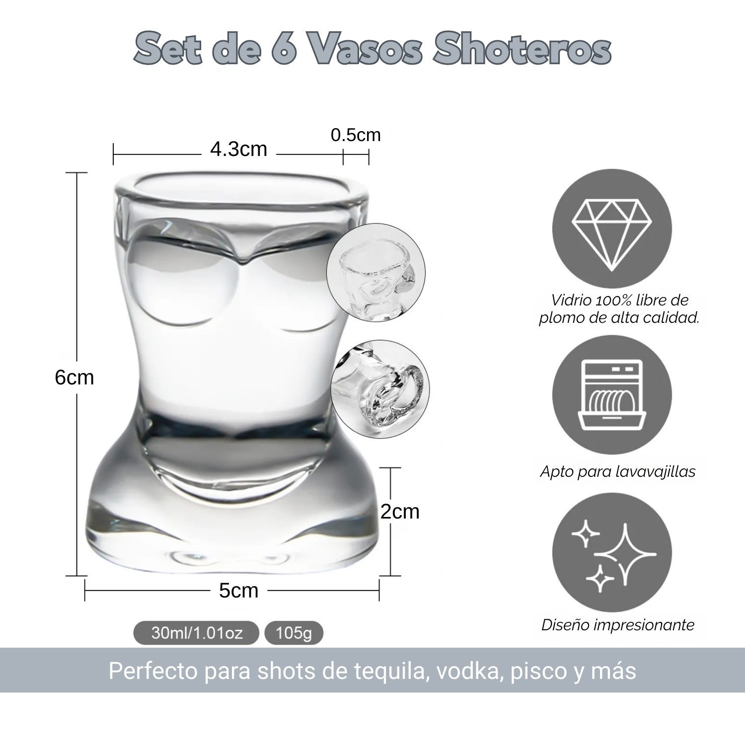 Vaso Shot Tequilero 40ml Cuerpo Femenino Set X6 - Imagen 3