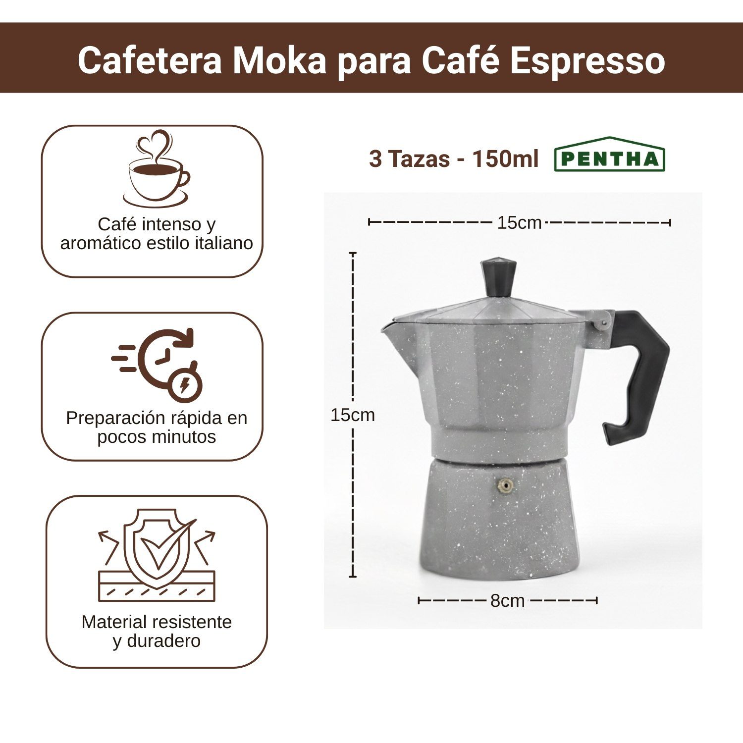 Cafetera Moka Italiana Espresso De 3 Tazas - 150ml Color Gris - Imagen 2
