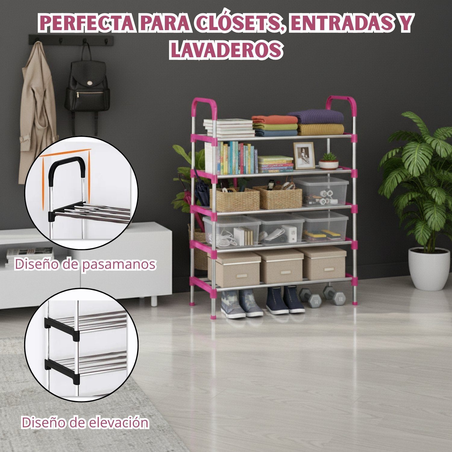 Zapatera de 5 Niveles Estante Organizador Armable Multifuncional Rosa - Imagen 4