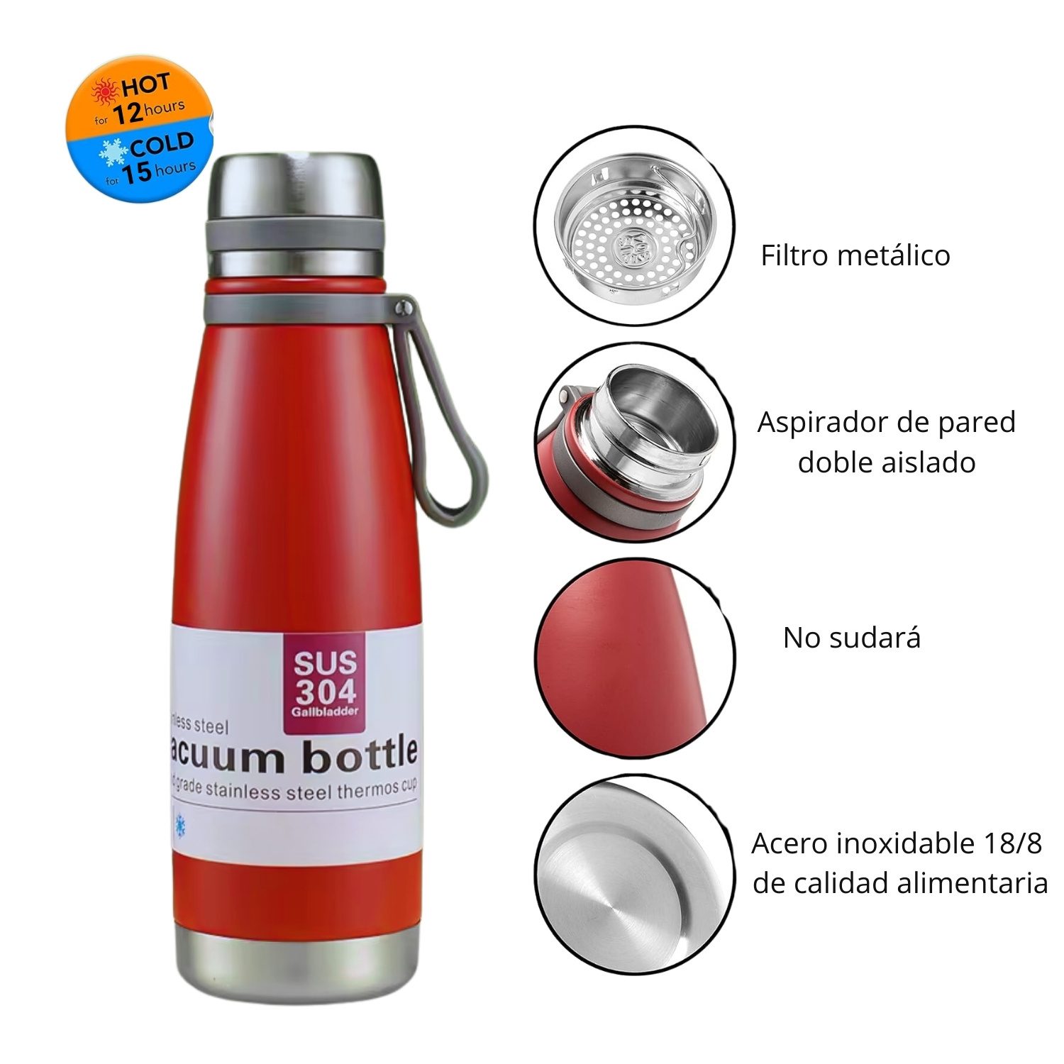 Termo Tomatodo De 1 Litro Acero Inoxidable Color Rojo - Imagen 3