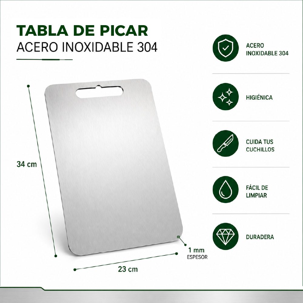 Tabla de Picar Acero Inoxidable 34×23 cm Diseño Premium - Imagen 2