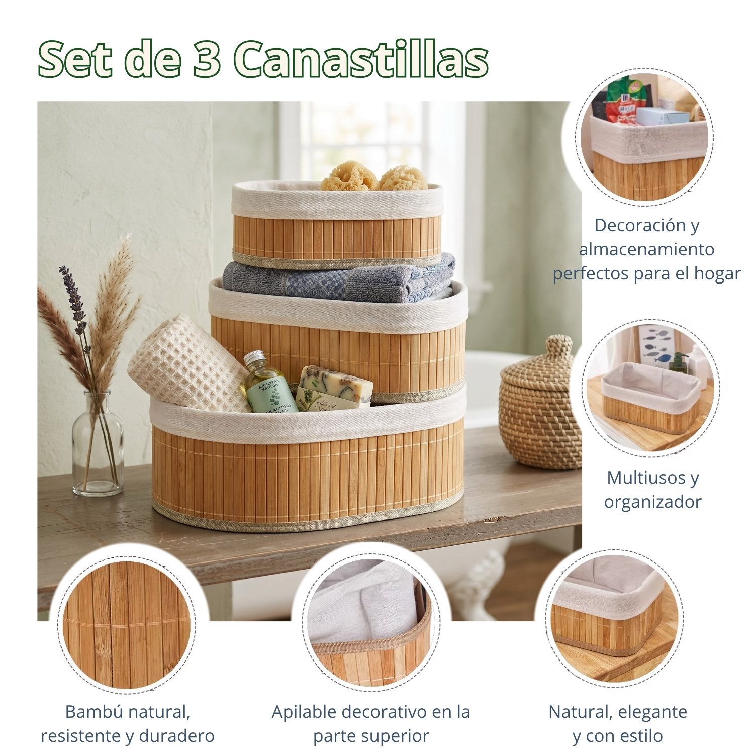 Canastas Organizadoras Decorativas Set 3 Con Interior De Tela Ovalada - Imagen 2