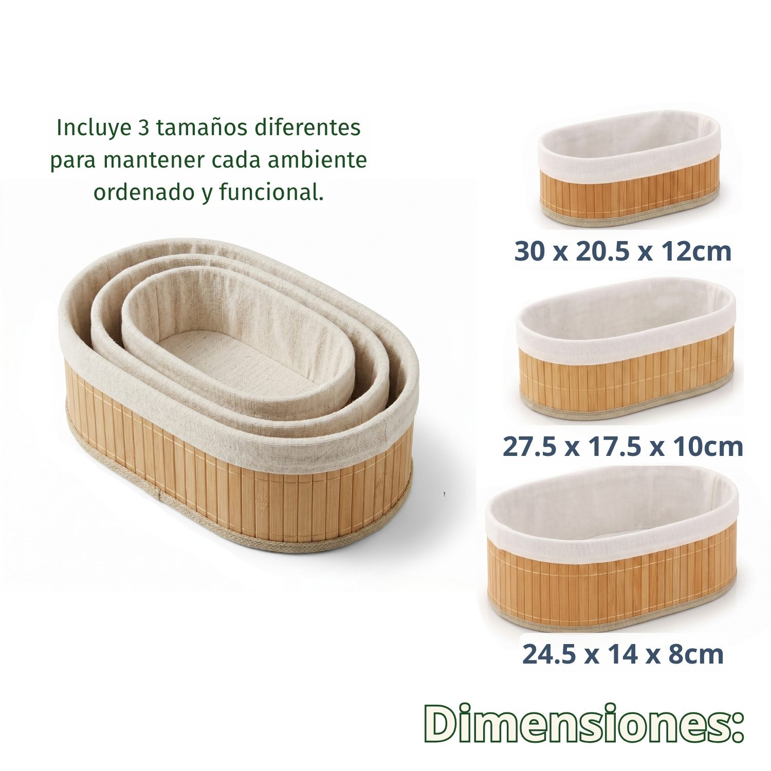 Canastas Organizadoras Decorativas Set 3 Con Interior De Tela Ovalada - Imagen 4