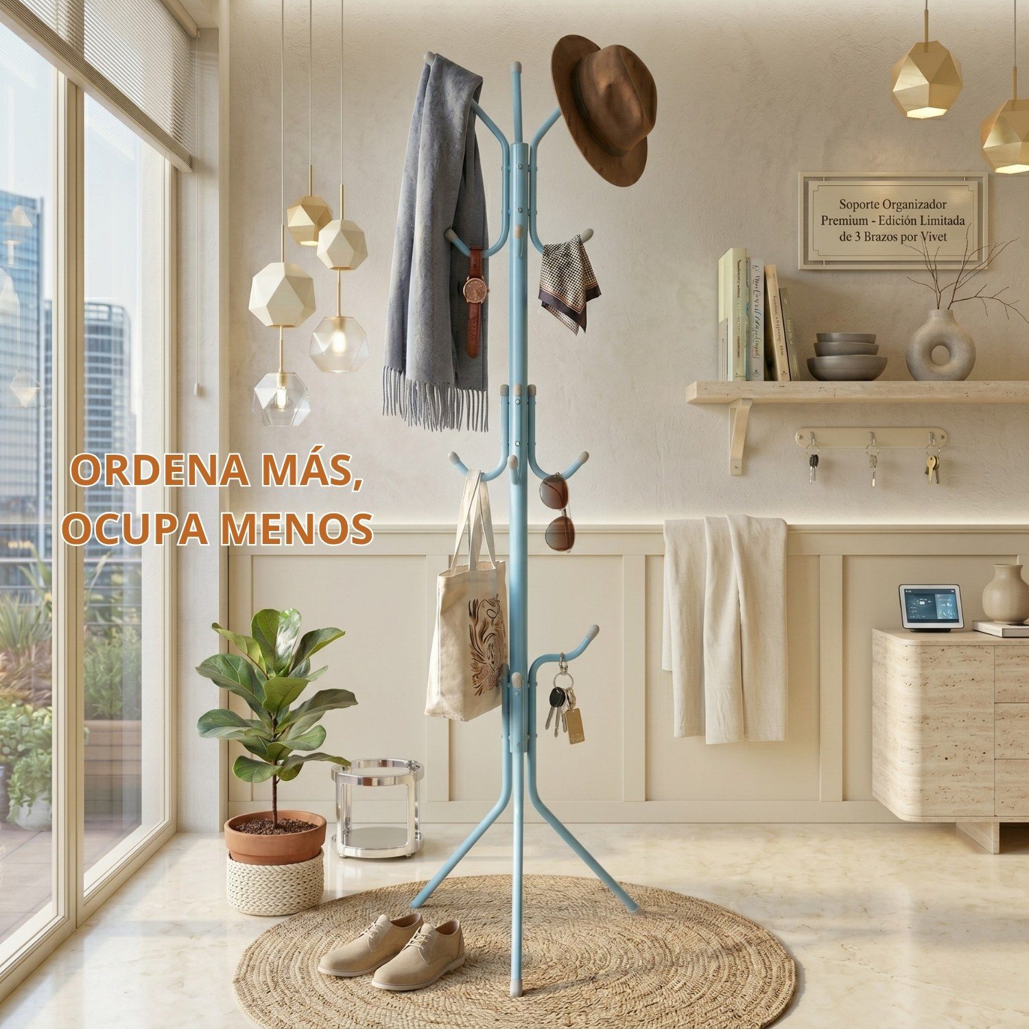 Perchero Organizador de Pie para Ropa, Sombrero y Carteras Celeste - Imagen 2