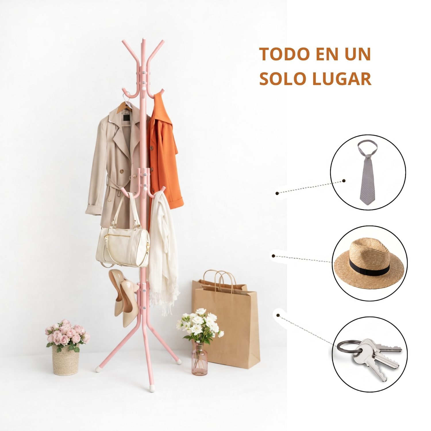 Perchero Organizador de Pie para Ropa, Sombrero y Carteras Rosa - Imagen 8