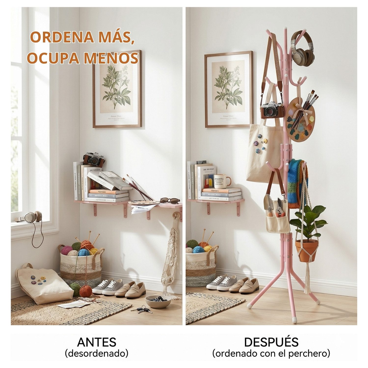 Perchero Organizador de Pie para Ropa, Sombrero y Carteras Rosa - Imagen 3
