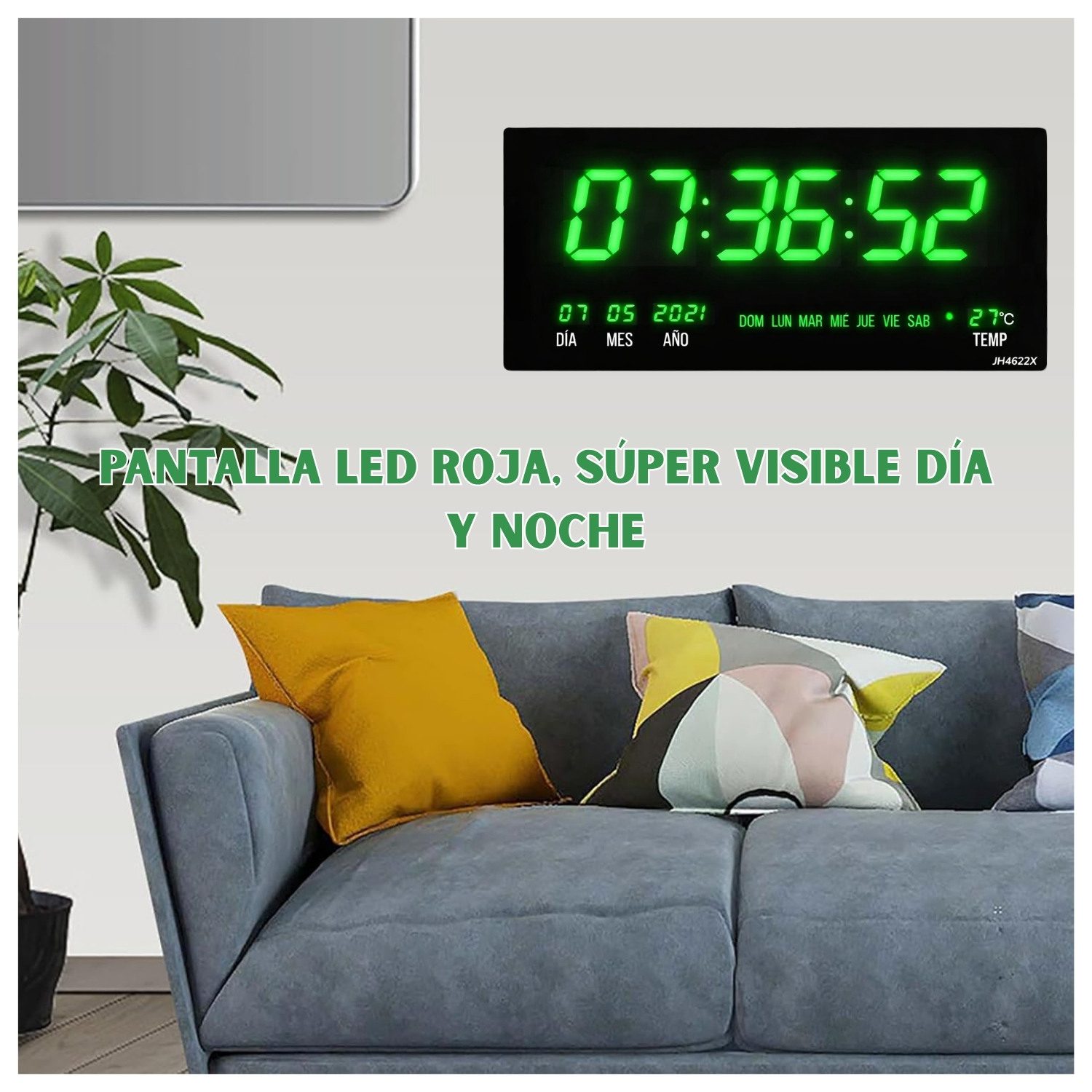 Reloj Digital de Pared 46 x 22cm Fecha, Hora y Temperatura Verde Led - Imagen 3