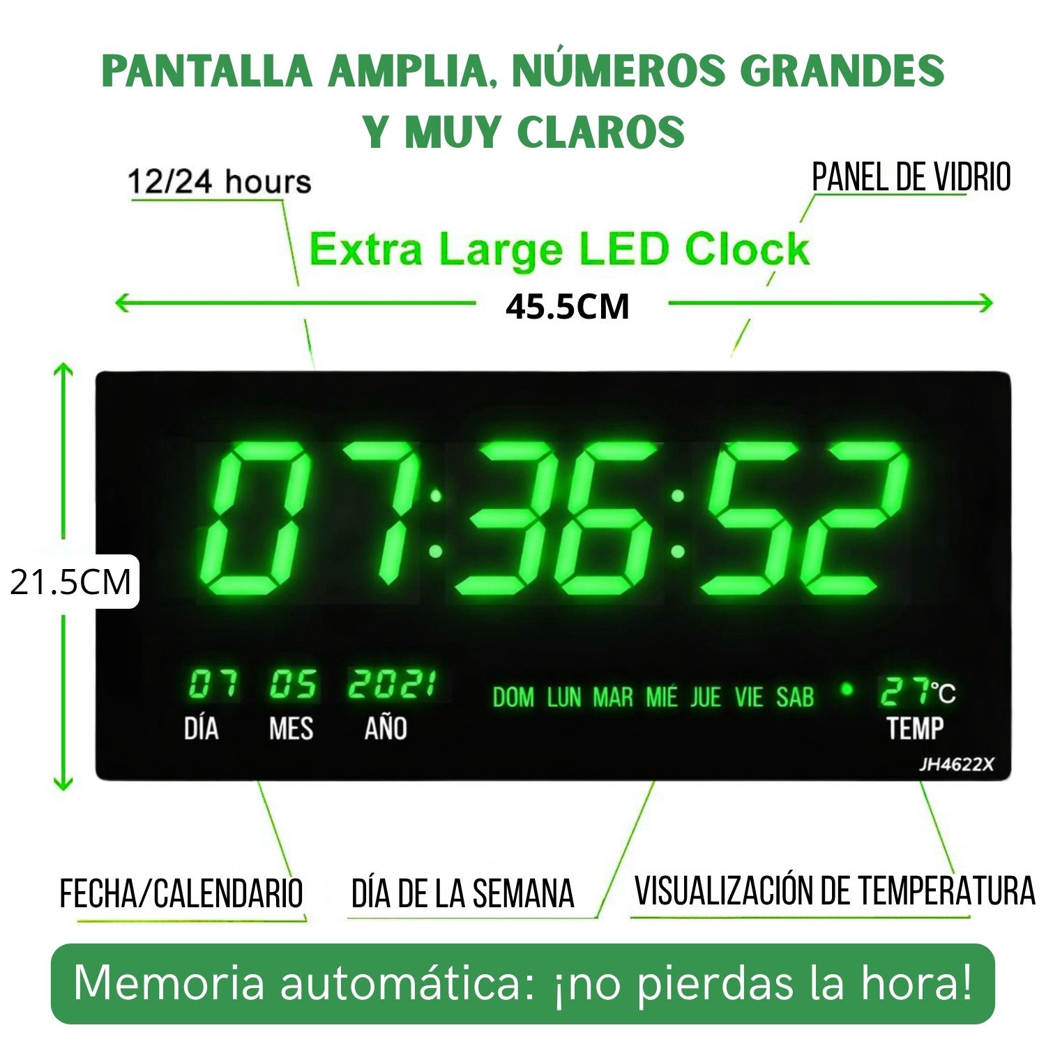 Reloj Digital de Pared 46 x 22cm Fecha, Hora y Temperatura Verde Led - Imagen 2