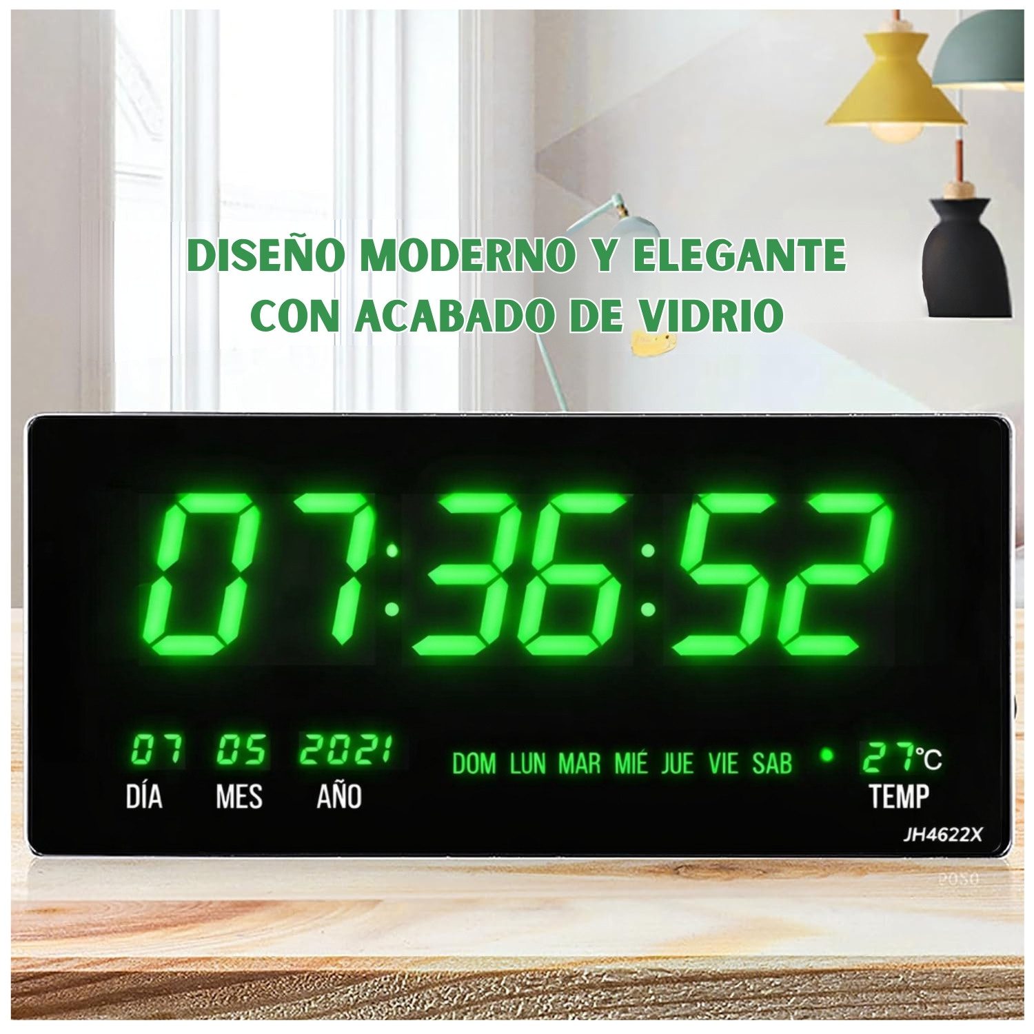 Reloj Digital de Pared 46 x 22cm Fecha, Hora y Temperatura Verde Led - Imagen 5